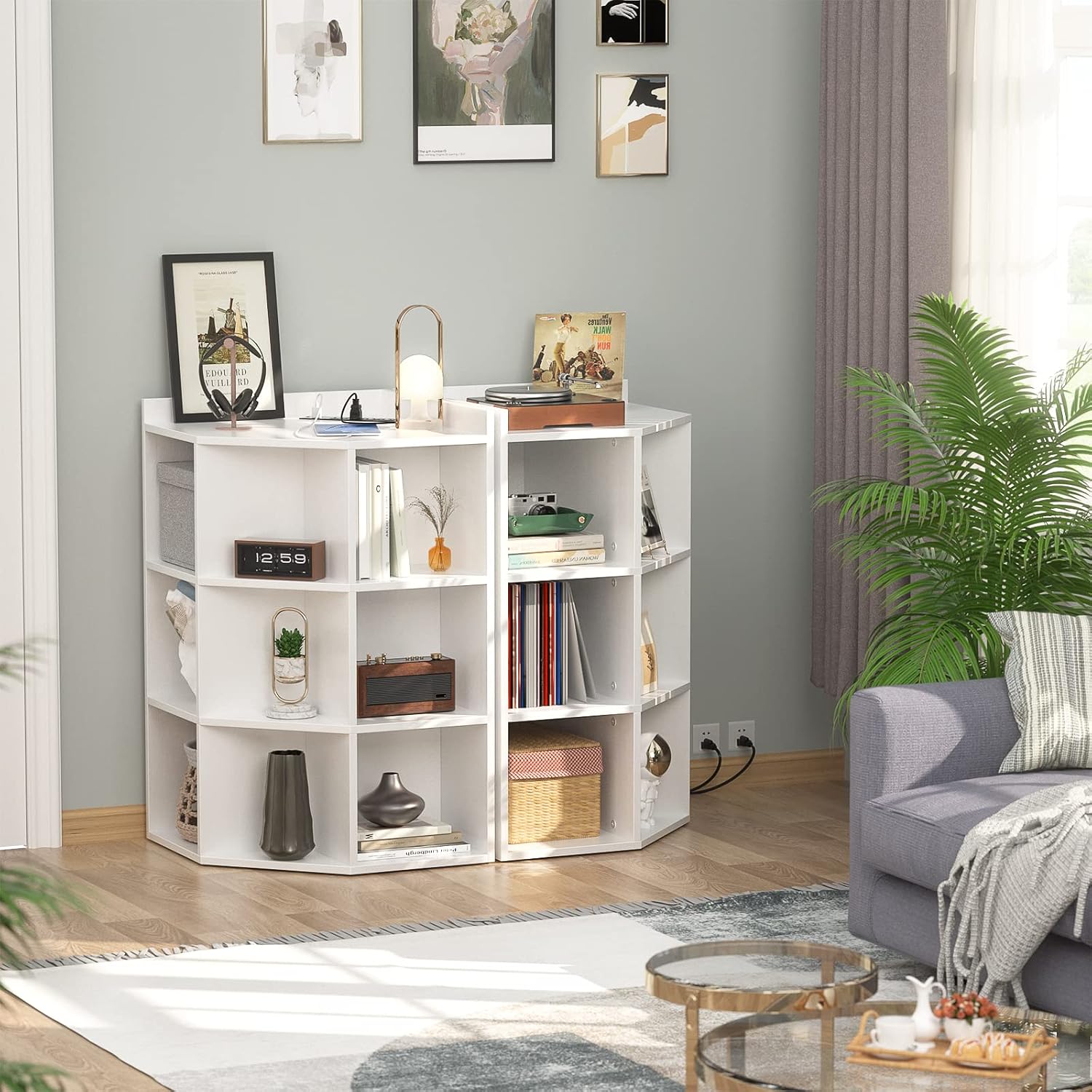 Aheaplus Corner Cabinet, White Corner Storage with USB Ports and Outlets, Corners Cube Toy Storage for Small Space, Wooden Cubby Corner Bookshelf with 9 Cubes for Bedroom, Living Room, Office, White