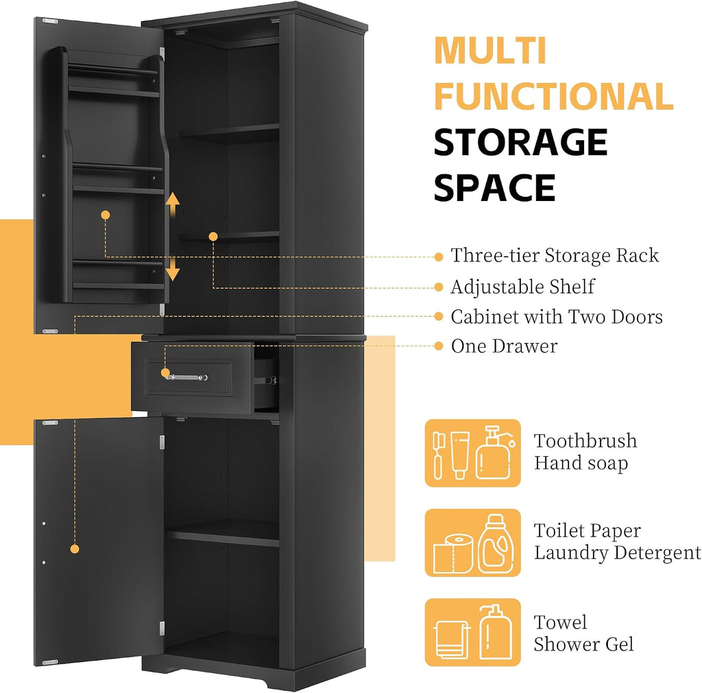 Tall Bathroom Storage Cabinet, Freestanding Bathroom Accent Storage Cabinet with Doors & Adjustable Shelves & Built-in Door Shelf for Home Kitchen, Living Room (Black Style3)