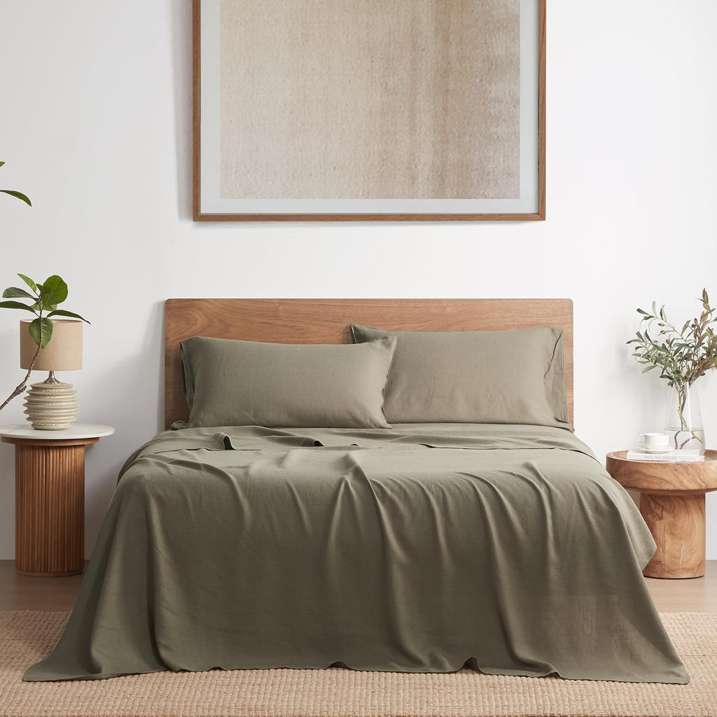 DAPU Pure Linen Sheets Set, 100% French Linen from Normandy, Breathable and Durable for Hot Sleepers, 4 Pcs Set - 1 Flat Sheet, 1 Fitted Sheet, 2 Pillowcase (Forest Green, Queen)