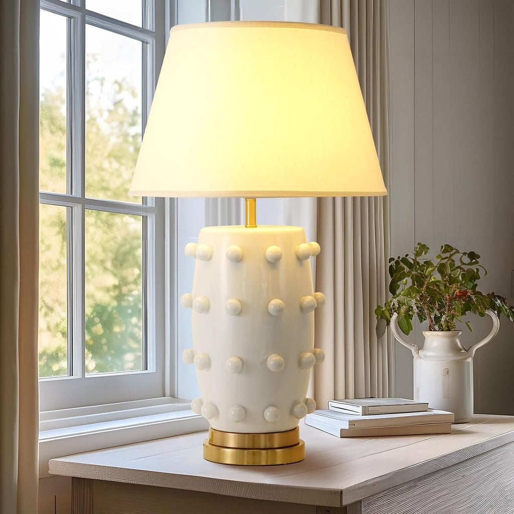 Modern Ceramic Linden Table Lamp - 30' White Ball Farmhouse Design, Classic Nightstand Large Linden Lamp Tapered Drum Shade for Living Room, Bedroom, Office, and Home （White）