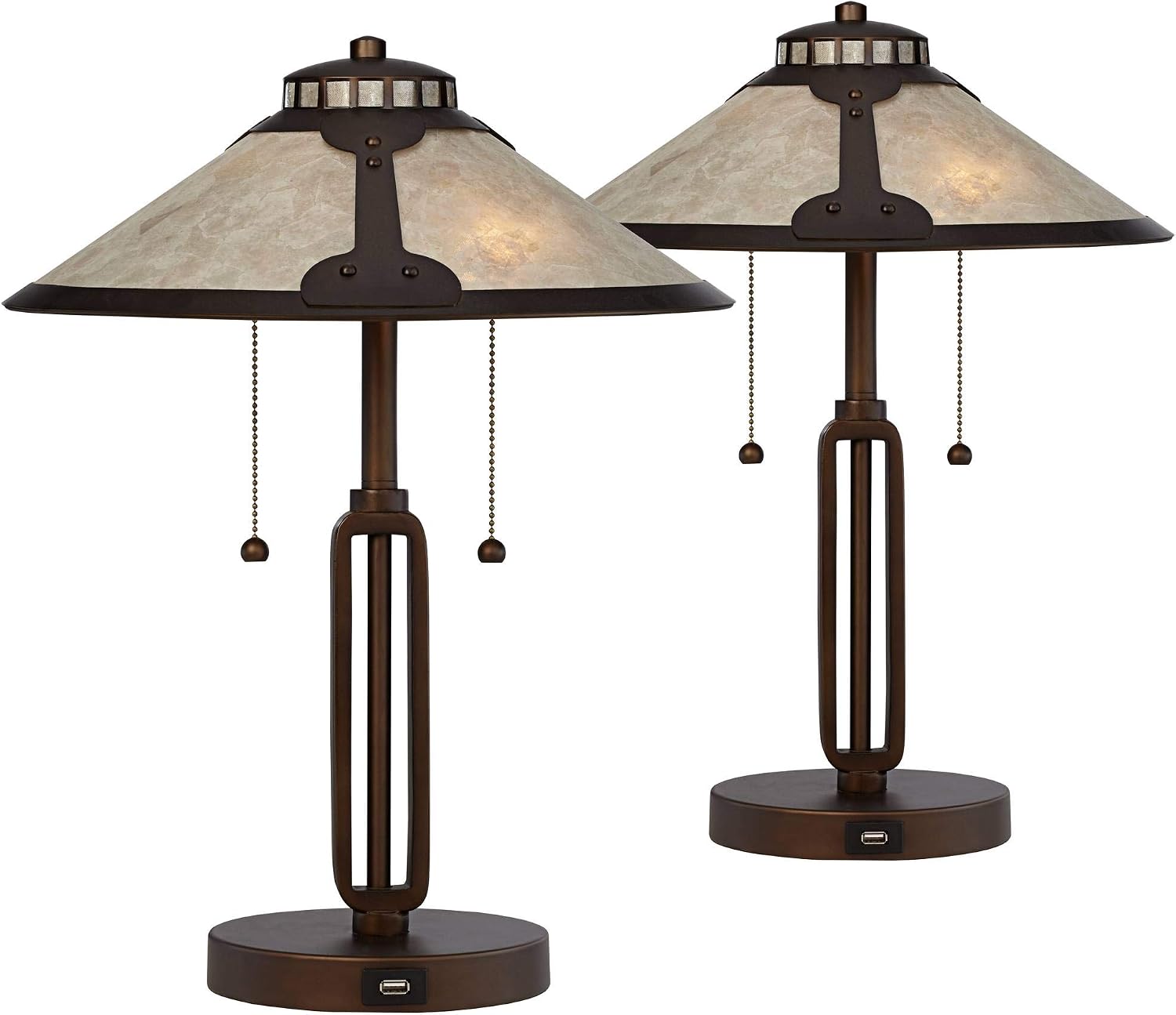 Franklin Iron Works Samuel Mission Rustic Desk Table Lamps 20' High Set of 2 with USB Charging Port Industrial Rubbed Bronze Mica Shade for Living Room Bedroom House Bedside Nightstand Home Office