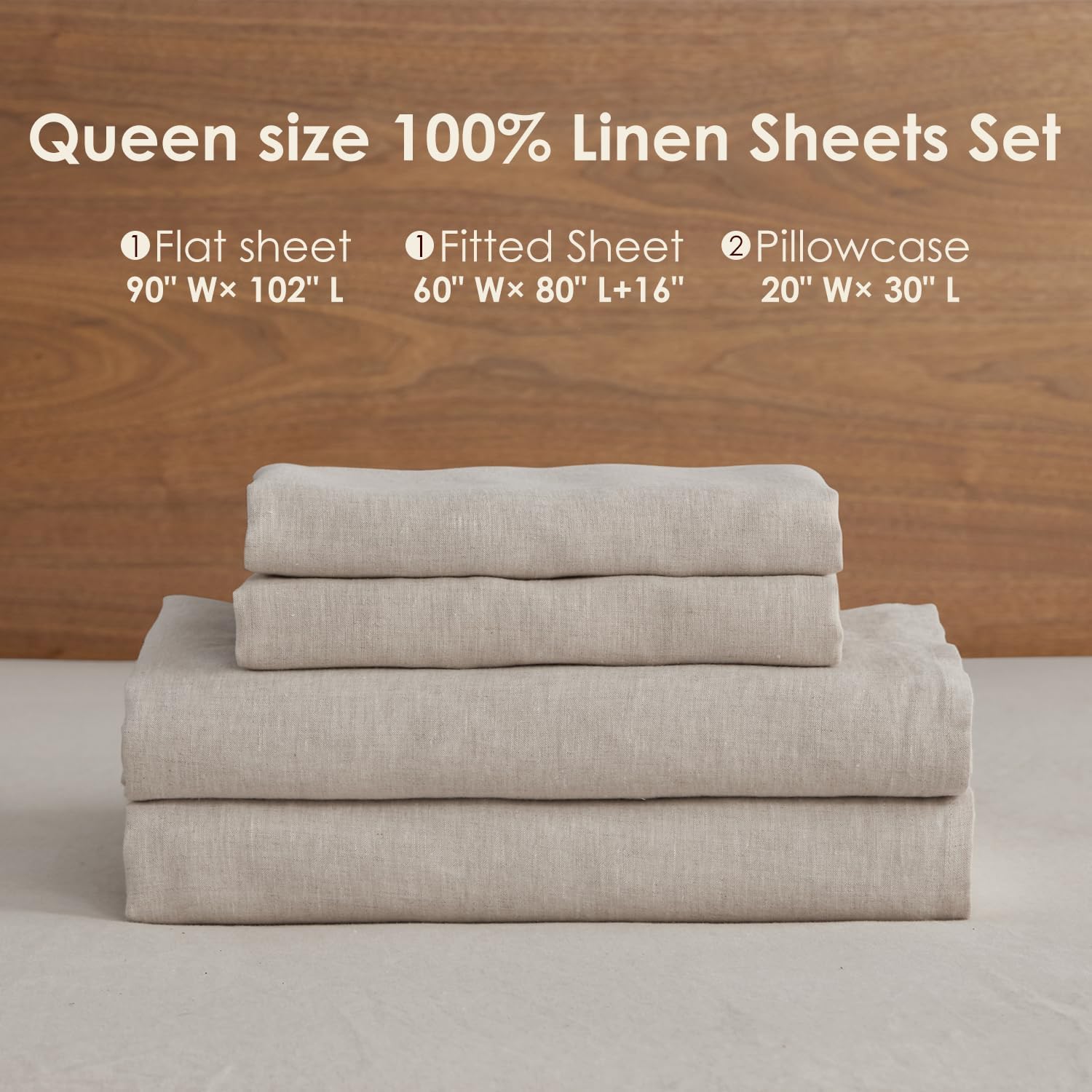 DAPU Pure Linen Sheets Set, 100% French Linen from Normandy, Breathable and Durable for Hot Sleepers, 4 Pcs Queen Size Sheets Set - 1 Flat Sheet, 1 Fitted Sheet, 2 Pillowcases (Natural Linen, Queen)