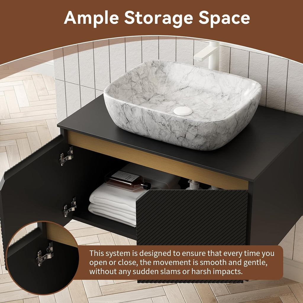 30 Inch Bathroom Vanity with Sink, Floating Fluted Vanity with Vessel Sink, Modern Bathroom Vanity Cabinet with 2 Doors, Marble Pattern Ceramic Sink & Sintered Stone Top, Black