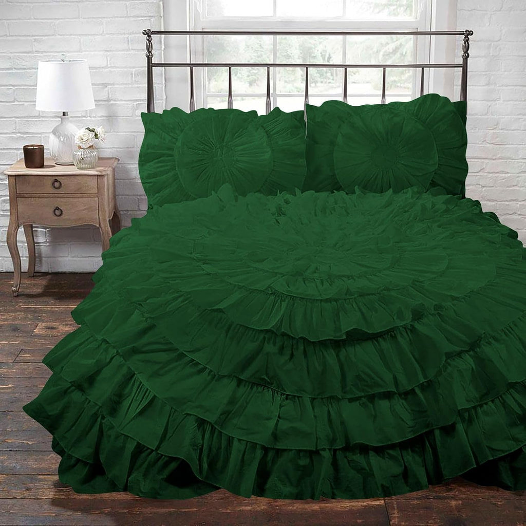 3 Piece 100% Egyptian Cotton Circle Ruffle Comforter Set, 550 GSM Filled Microfiber - Full/Queen Size, Green Color - 1000 Thread Count