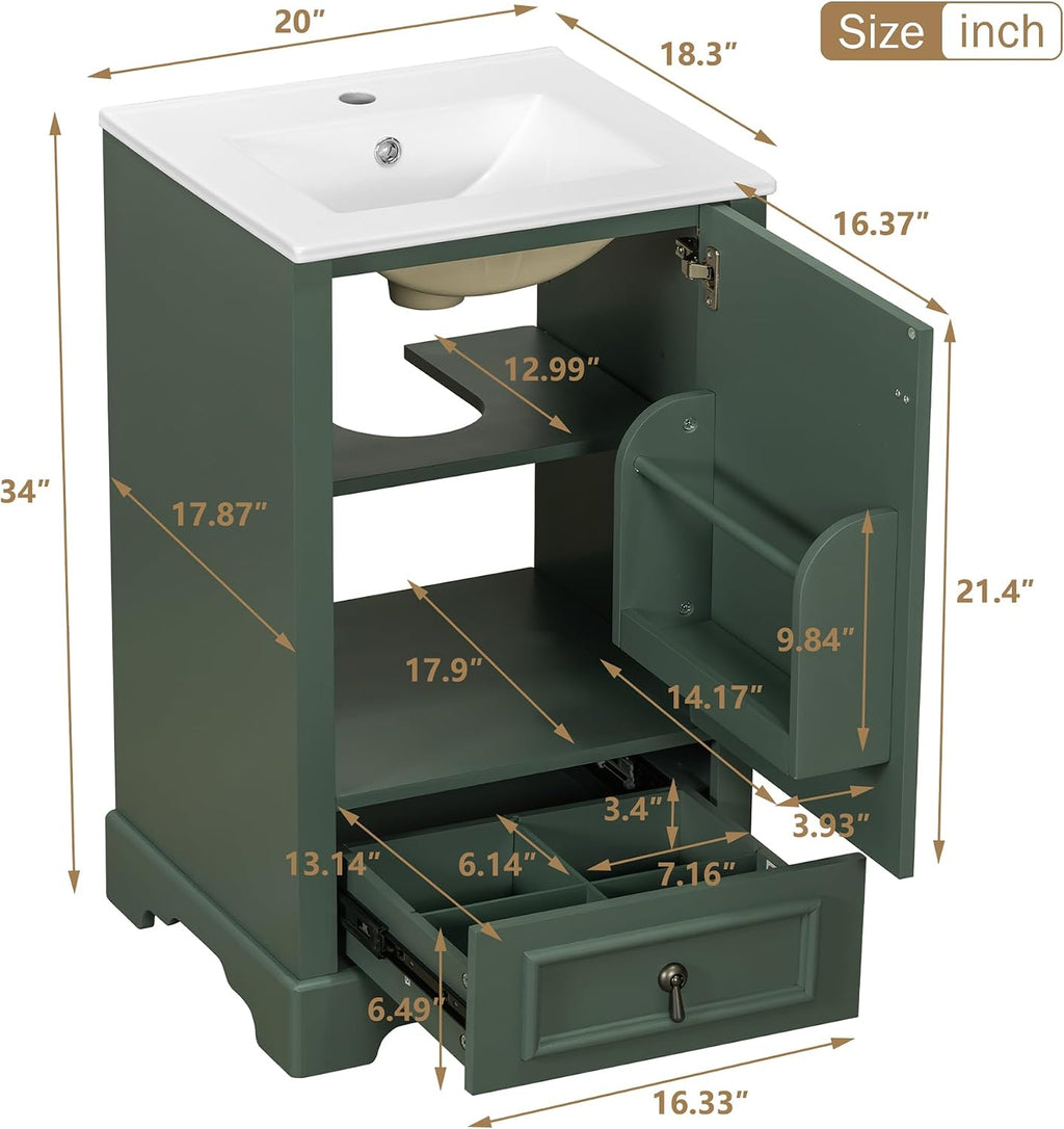 20 Inch Green Bathroom Vanity with Ceramic Sink and 1 Divider Drawer, Modern Bathroom Cabinet with Adjustable Shelf, Over Door Storage Rack and Soft Close Door
