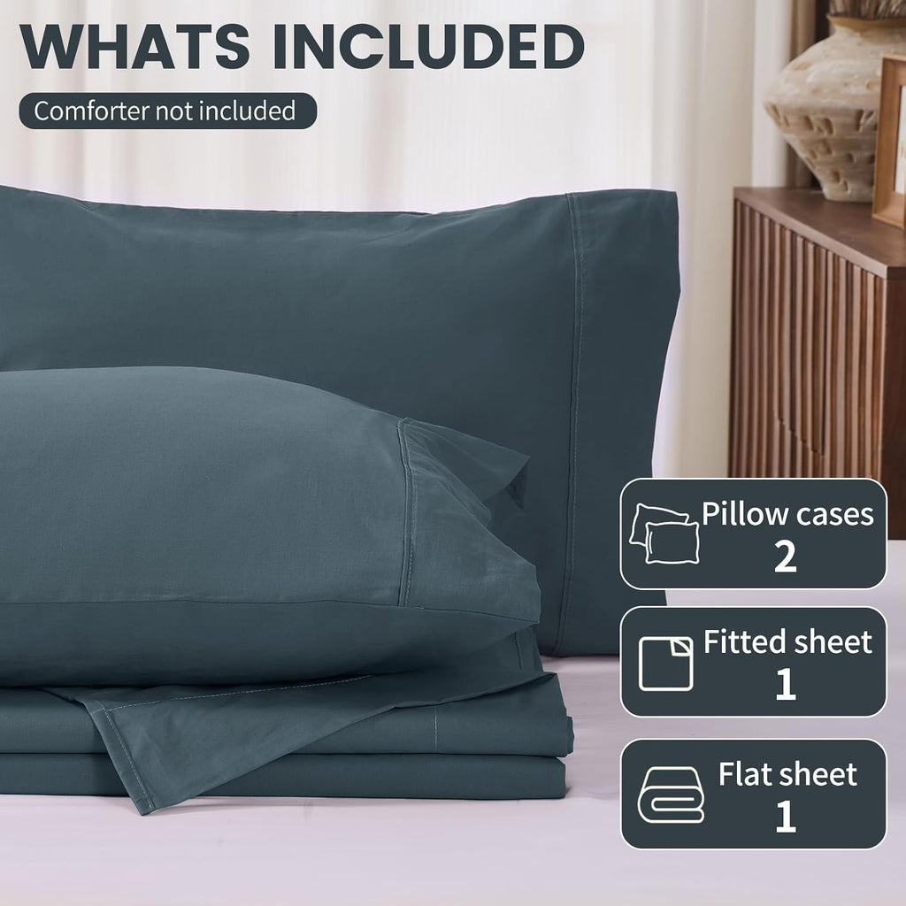 100% Linen Sheets California King Size,Breathable & Durable 4-Piece Bed Flax Sheet Set,Soft All-Season Bedding for Hot Sleepers 16' Deep Pocket Oeko-TEX Certified,（Cal King, Navy Grey）