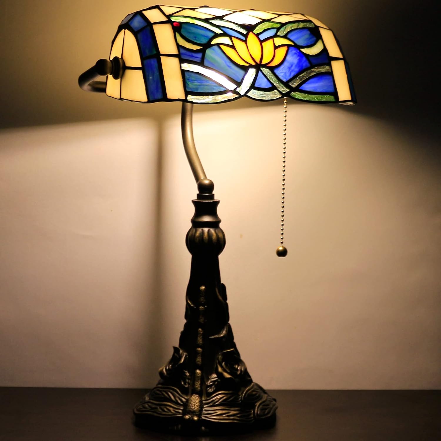 Tiffany Banker Lamp Small Stained Glass Table Lamp Tiffany Style Piano Light Blue Yellow Lotus Style Desk Lamp Angle Adjustable 10.6X15.7 Inch for Home Office Living Room Bedroom