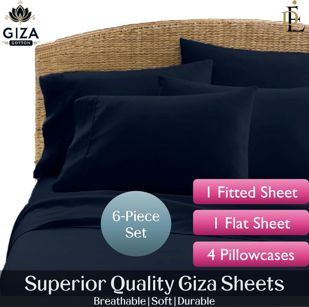 100% Giza Cotton, 1000 Thread Count, 6-PC Bed Sheet Set [Queen Size, Navy Blue Color] 18 inches Deep Pockets, Long Staple Cotton Breathable Soft Silky Sateen Weave