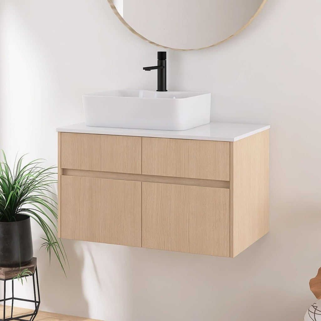 32 Inch Floating Bathroom Vanity with Sink, Modern Wall Mounted Cabinet, Ceramic Vessel Basin, 2 Soft Close Doors and 2 Drawer, White Oak