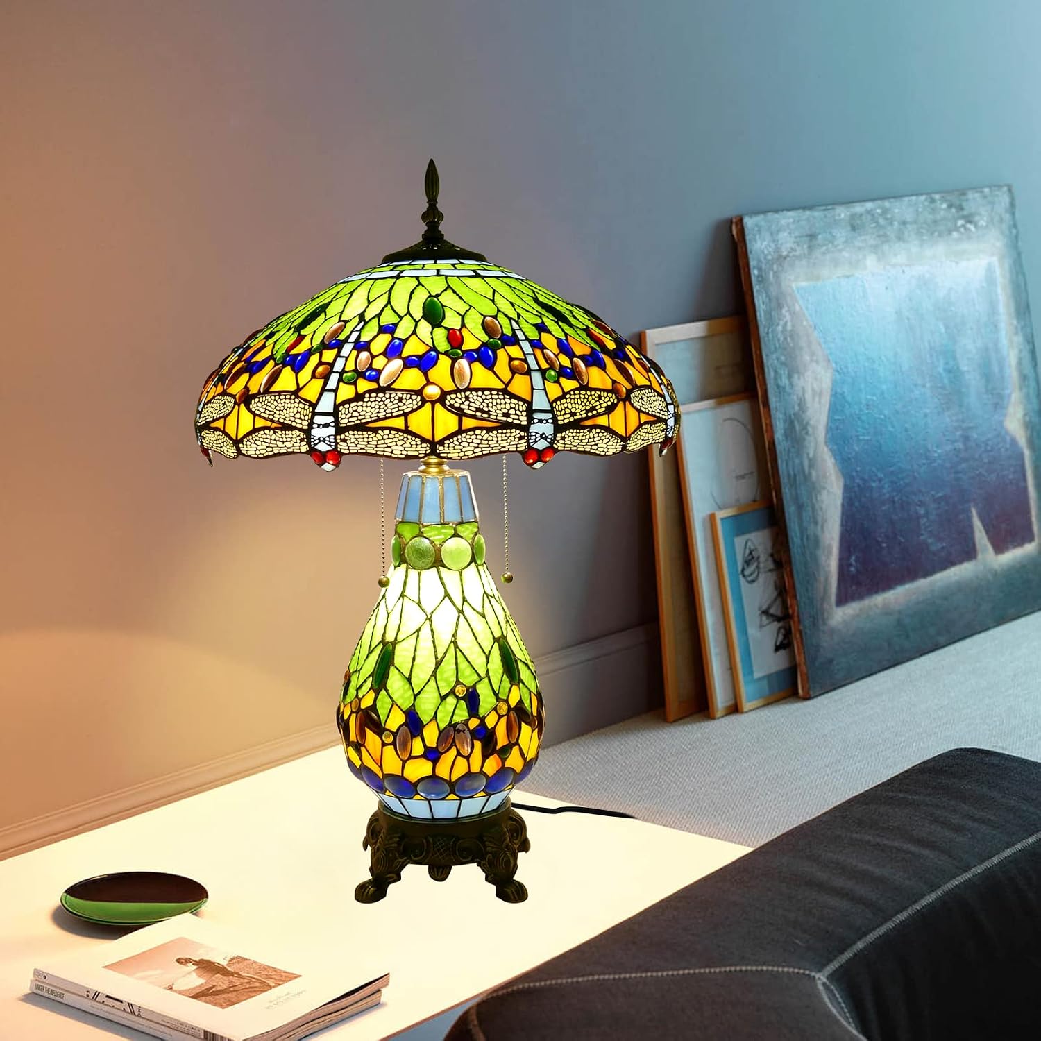 Tiffany Style Table Lamp Green Dragonfly Tiffany Lamp Handmade Stained Glass Lamp 18x18x27 Inches Desk Reading Light for Bedroom Living Room Home Office Decoration, LED Bulb Included