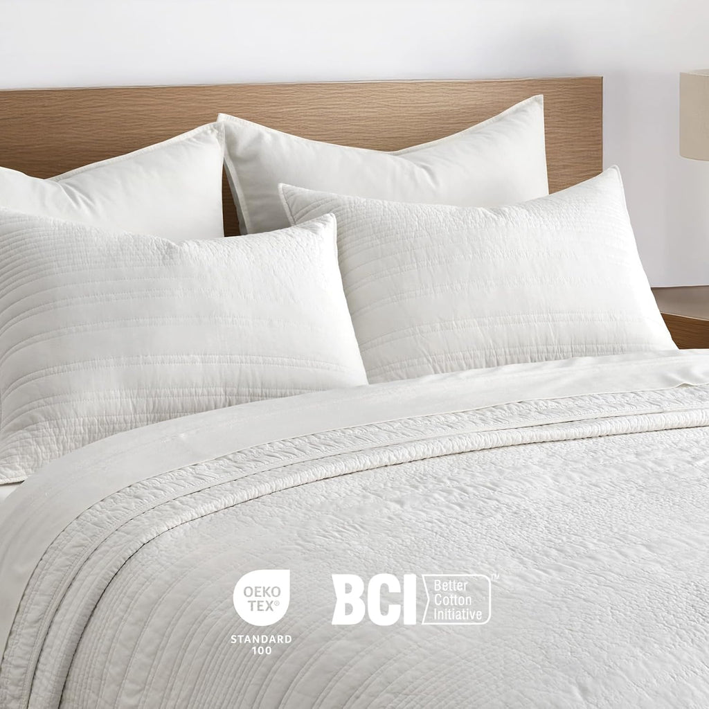 EVERGRACEHOME 100% Cotton Modern Lines Quilt Set Oversized King, Pre-Washed Soft Striped Coverlet Bedspread, 3 Piece Lightweight Bedding Set for All Season, with 2 Pillow Shams, Bright White