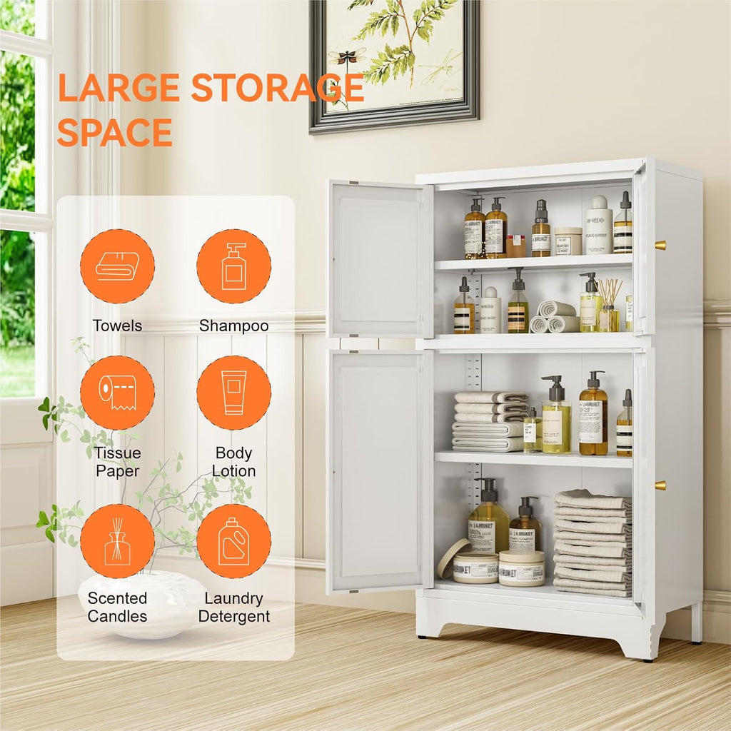 Metal Bathroom Storage Cabinet, Freestanding Pantry Floor Cabinet with 4 Doors and 2 Adjustable Shelves for Living Room, Dining Room, Kitchen