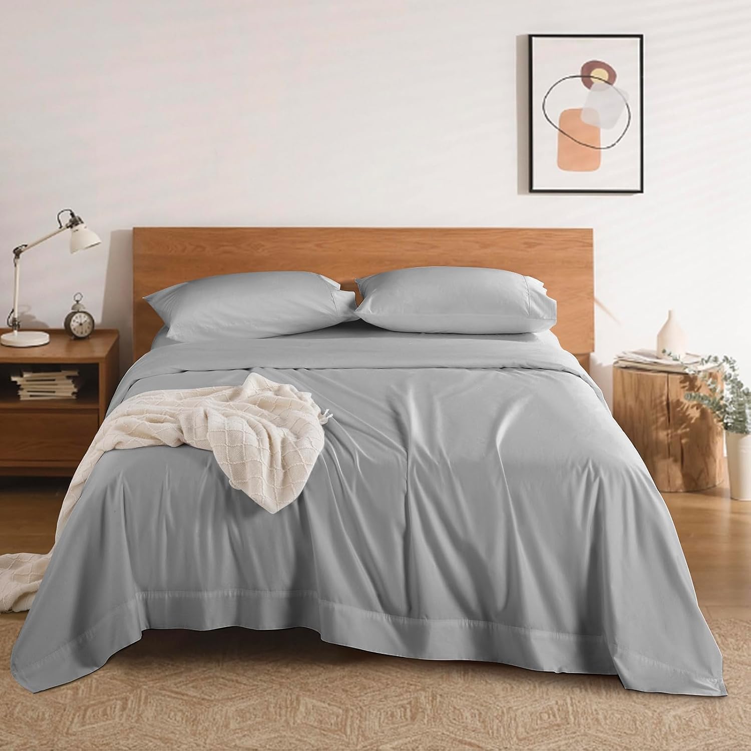 100% Cotton 1200 Thread Count Sheets Set Bedding Sets,Bed Sheet 4 Piece Sets,16 inches Deep Pocket (Grey, Queen)