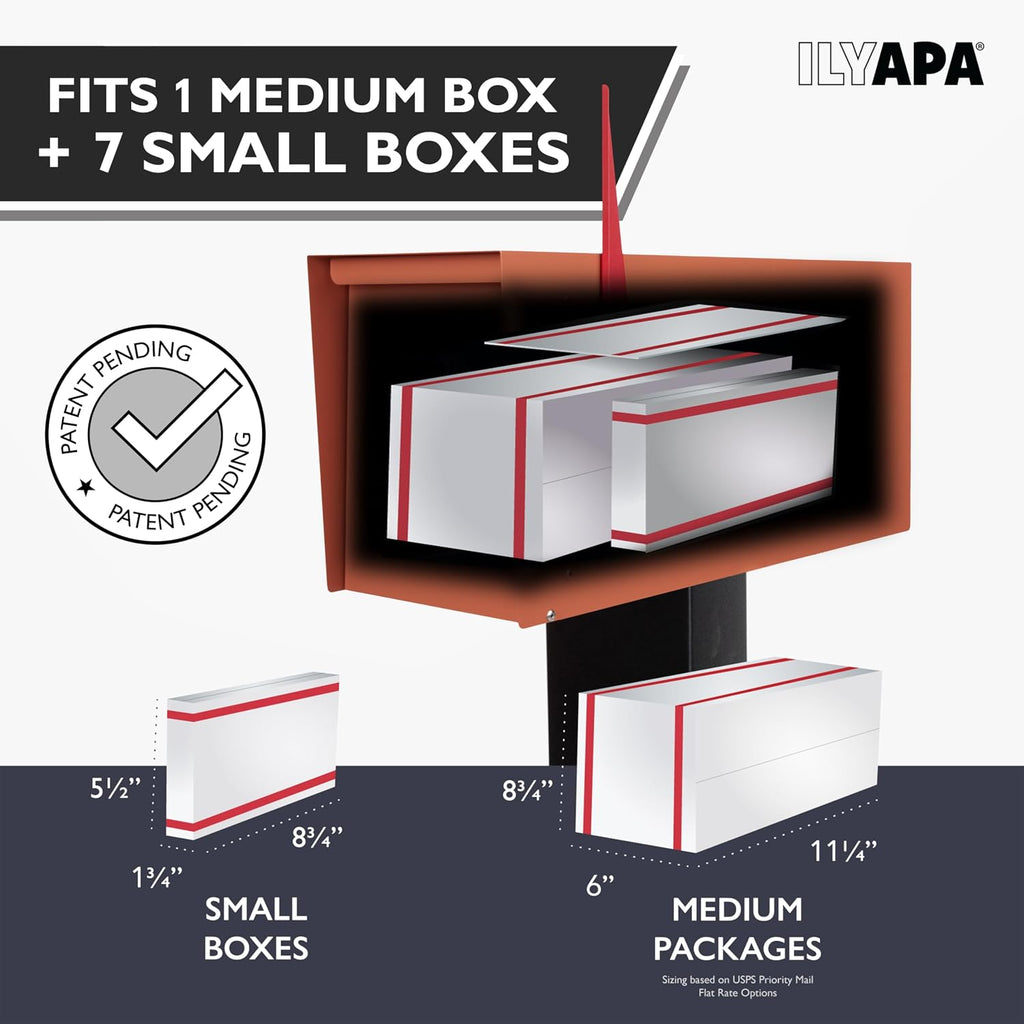Ilyapa Modern Mailbox for Outside Post Mount - Terracotta Heavy Duty Powder Coated Metal Mailbox, Waterproof Letter Box for Parcels