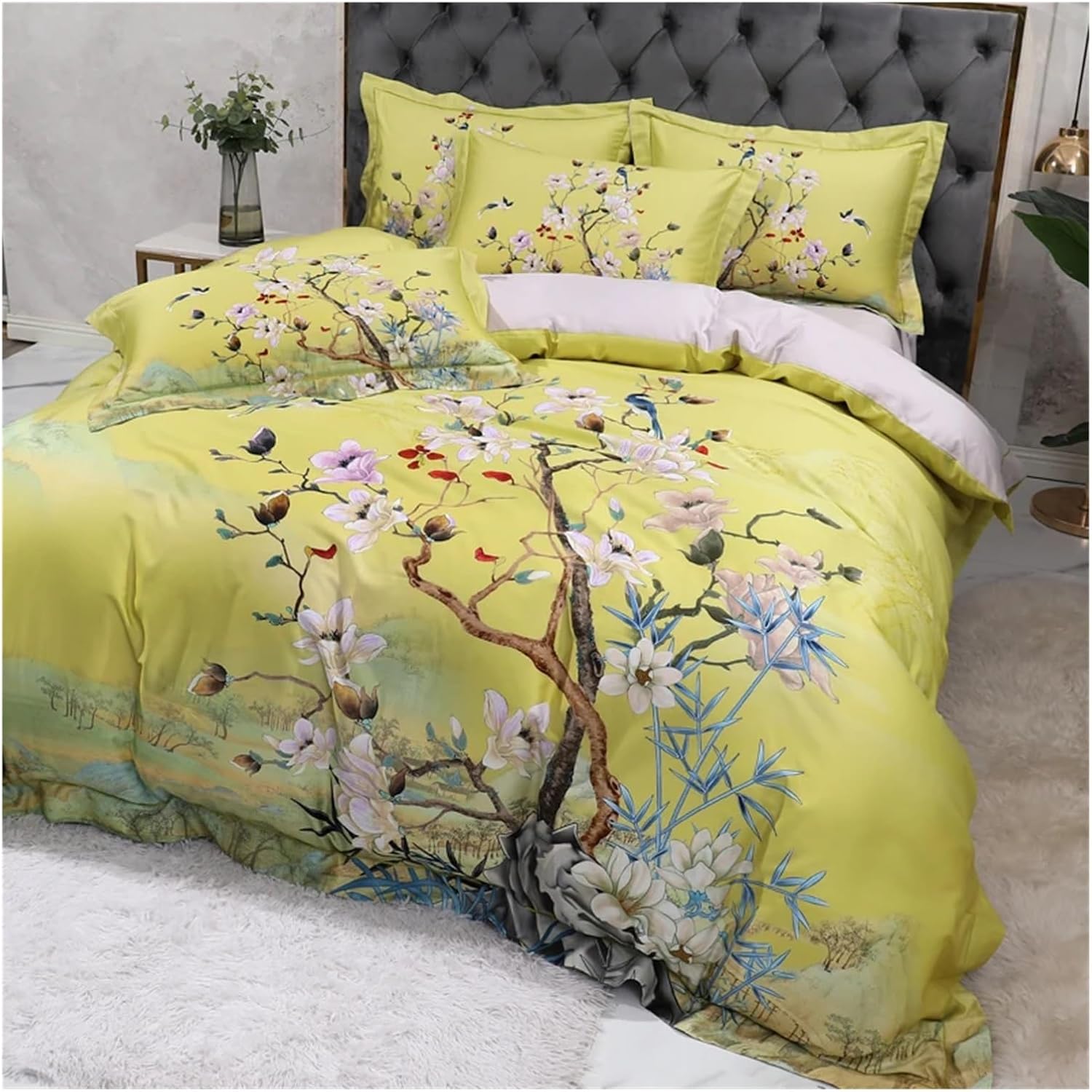 Egyptian Cotton Bedding Queen King Size 4Pcs Birds and Flowers Leaf Gray Shabby Duvet Cover Bed Sheet Pillow Shams,Cotton Duvet