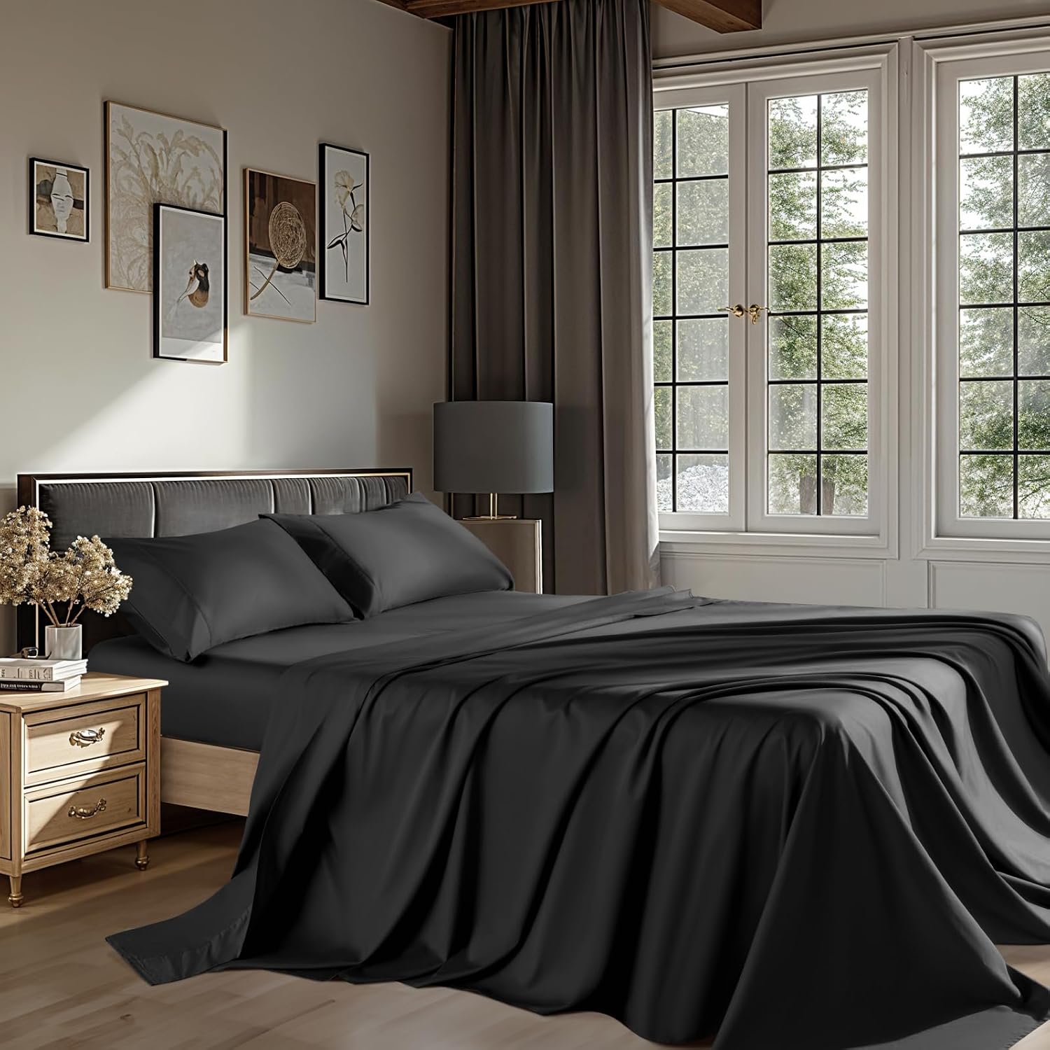 100% Cotton 1200 Thread Count Sheets Set Bedding Sets,Bed Sheet 4 Piece Sets,16 inches Deep Pocket (Black, California King)