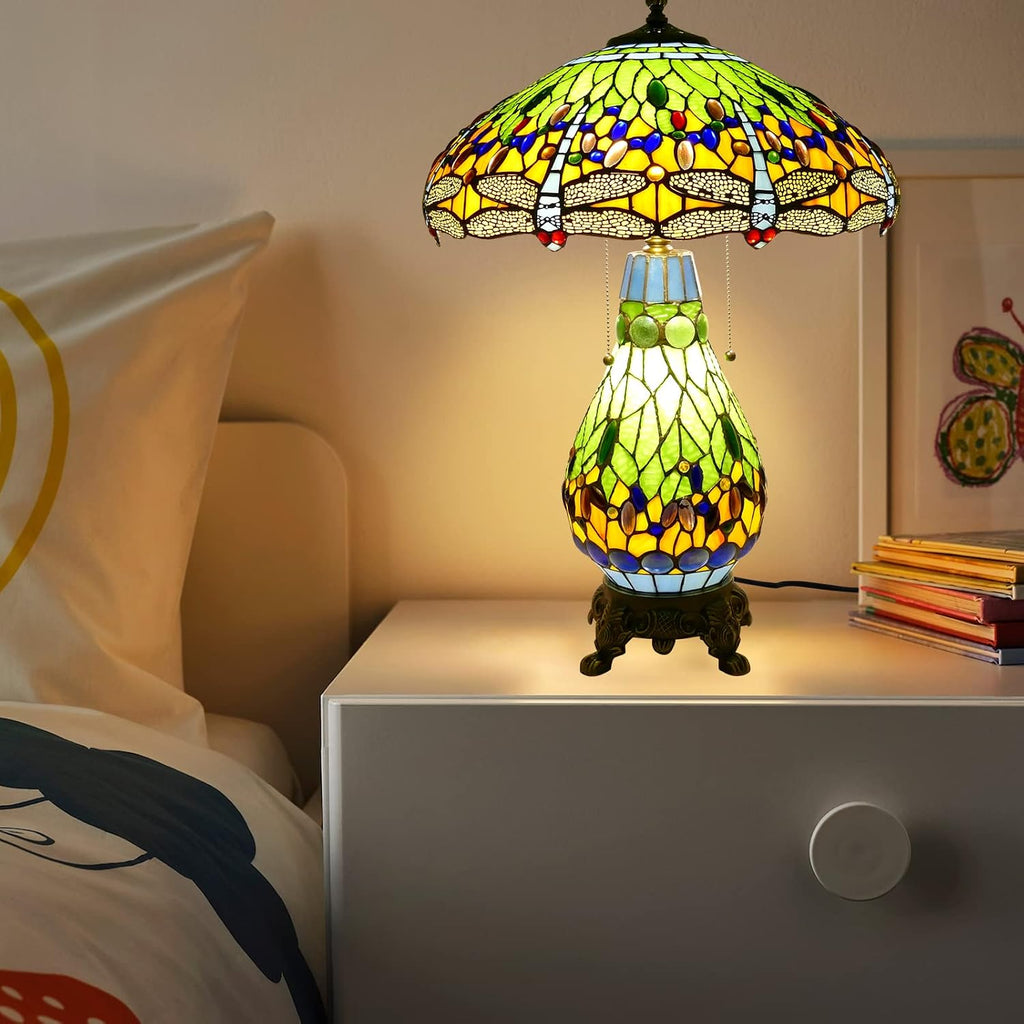 Tiffany Style Table Lamp Green Dragonfly Tiffany Lamp Handmade Stained Glass Lamp 18x18x27 Inches Desk Reading Light for Bedroom Living Room Home Office Decoration, LED Bulb Included