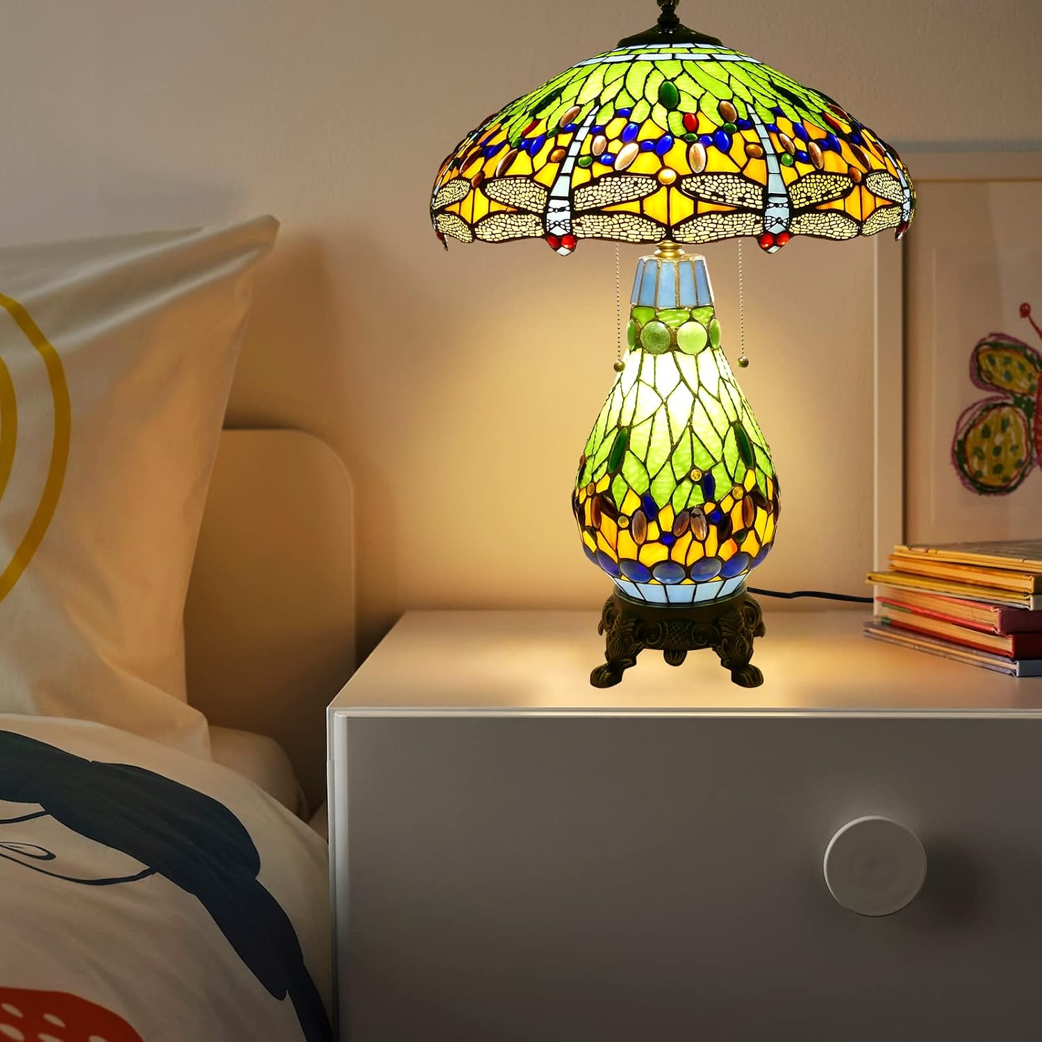 Tiffany Style Table Lamp Green Dragonfly Tiffany Lamp Handmade Stained Glass Lamp 18x18x27 Inches Desk Reading Light for Bedroom Living Room Home Office Decoration, LED Bulb Included