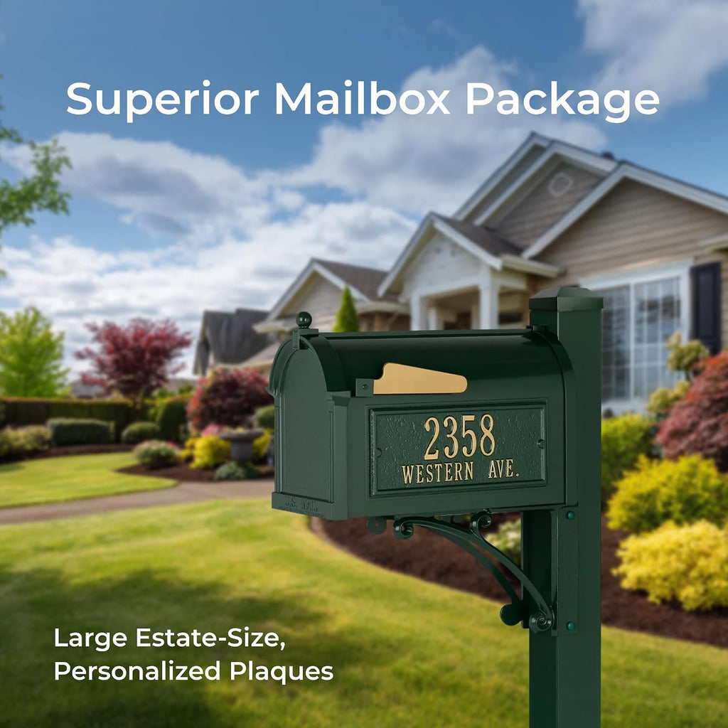 Whitehall Superior Mailbox Package Large Cast Aluminum Streetside Mailbox with Decorative Superior Post & Personalized Address Side Plaques Powder Coated Classic Green Mailpost