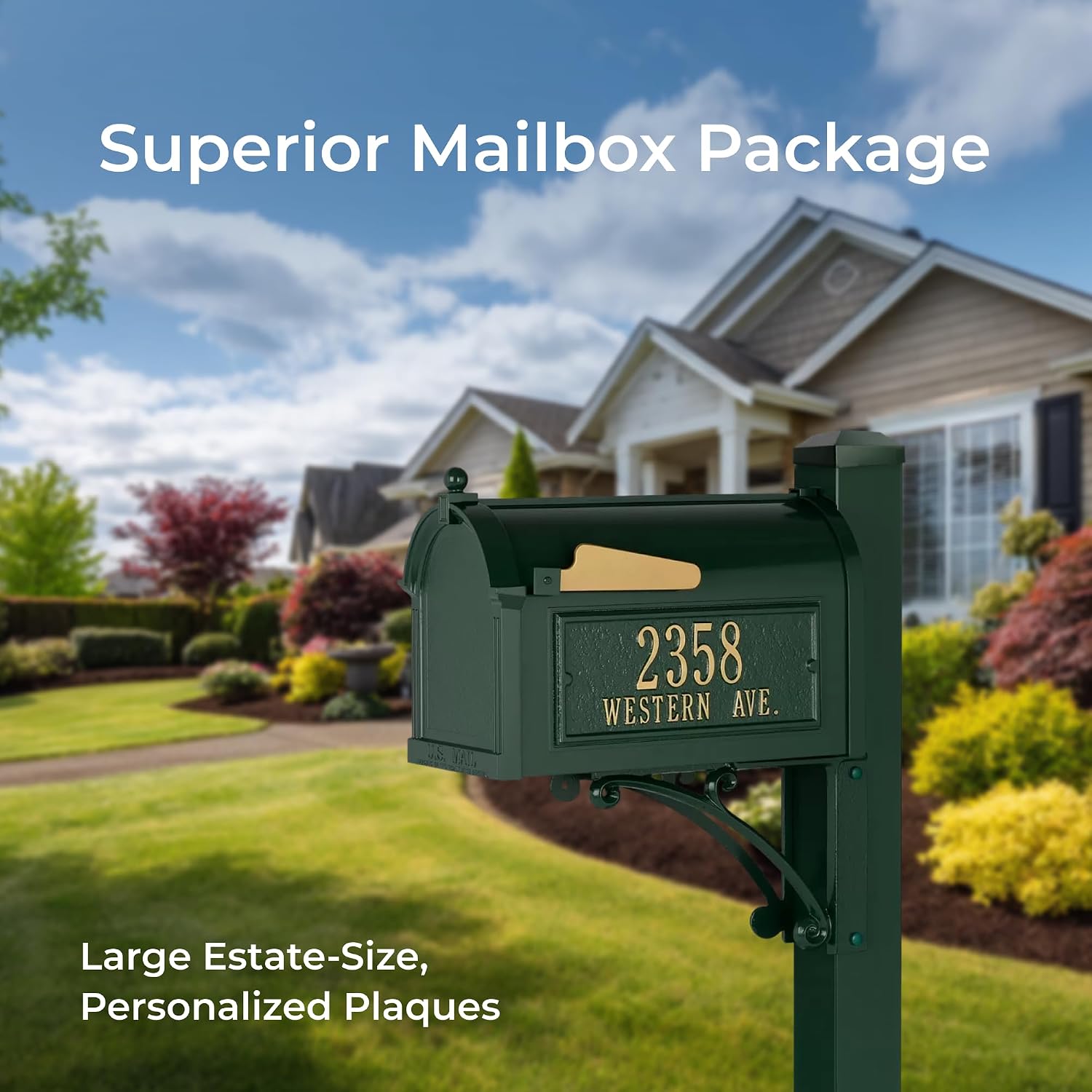 Whitehall Superior Mailbox Package Large Cast Aluminum Streetside Mailbox with Decorative Superior Post & Personalized Address Side Plaques Powder Coated Classic Green Mailpost