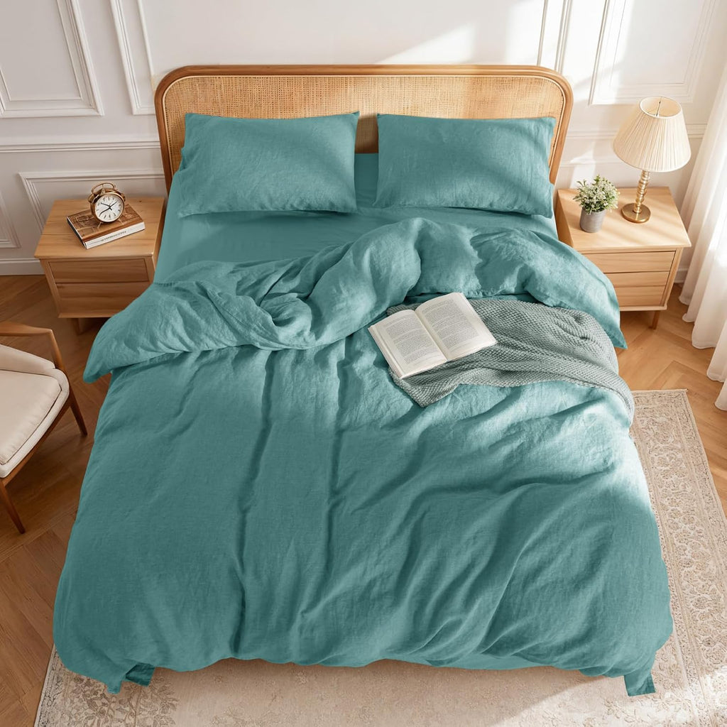 LBRO2M 100% France Linen Duvet Cover Set 3 Pcs Including 1 Flax Comforter Cover with Zipper Closure, 2 Pillowcase, Cozy Duvet Cover Queen Size, Aqua