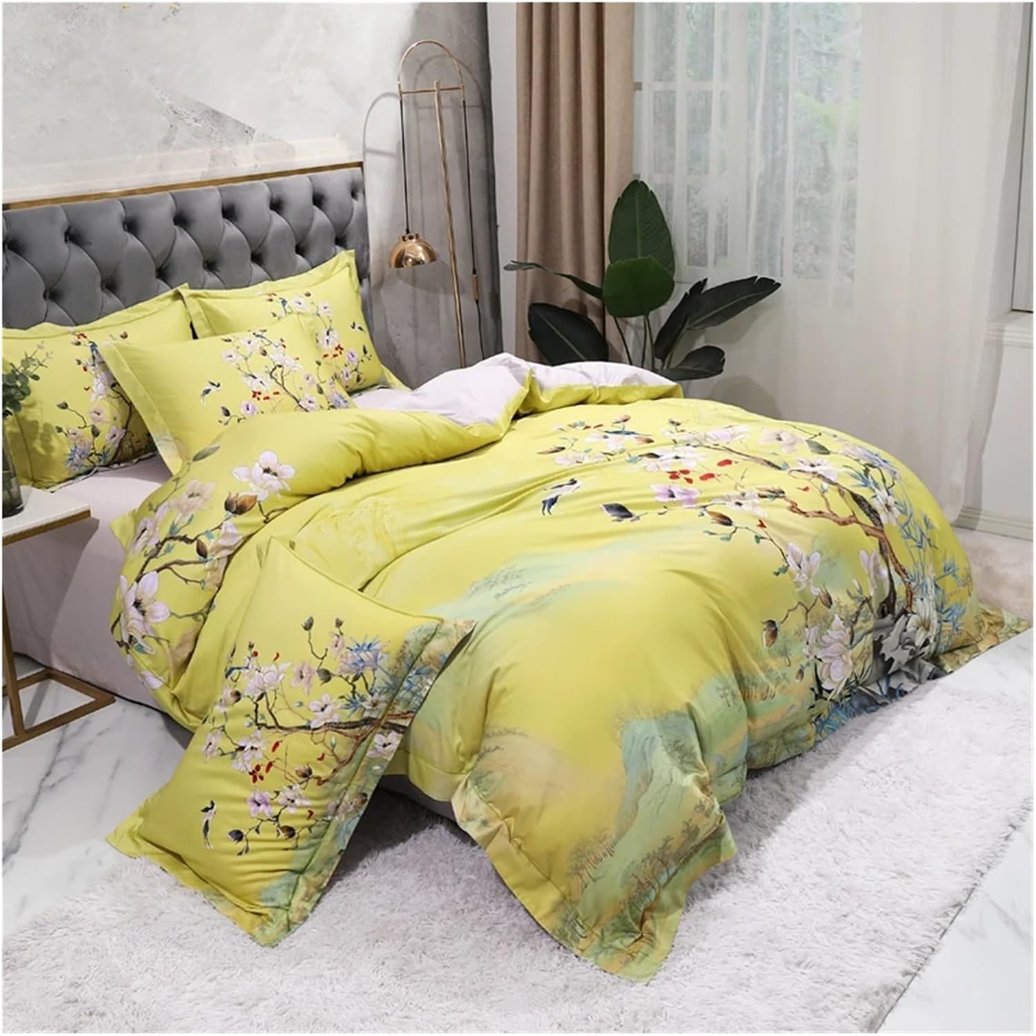 Egyptian Cotton Bedding Queen King Size 4Pcs Birds and Flowers Leaf Gray Shabby Duvet Cover Bed Sheet Pillow Shams,Cotton Duvet