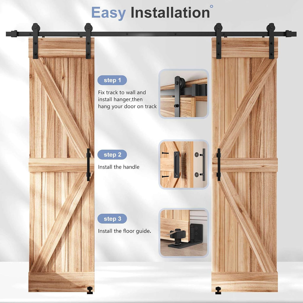 EaseLife 8 FT Double Sliding Barn Door Track and Handle Hardware Kit,Straight Pulley,Slide Smoothly Quietly,Easy Install (8FT Track Kit for 20'~24' Wide Double Door)