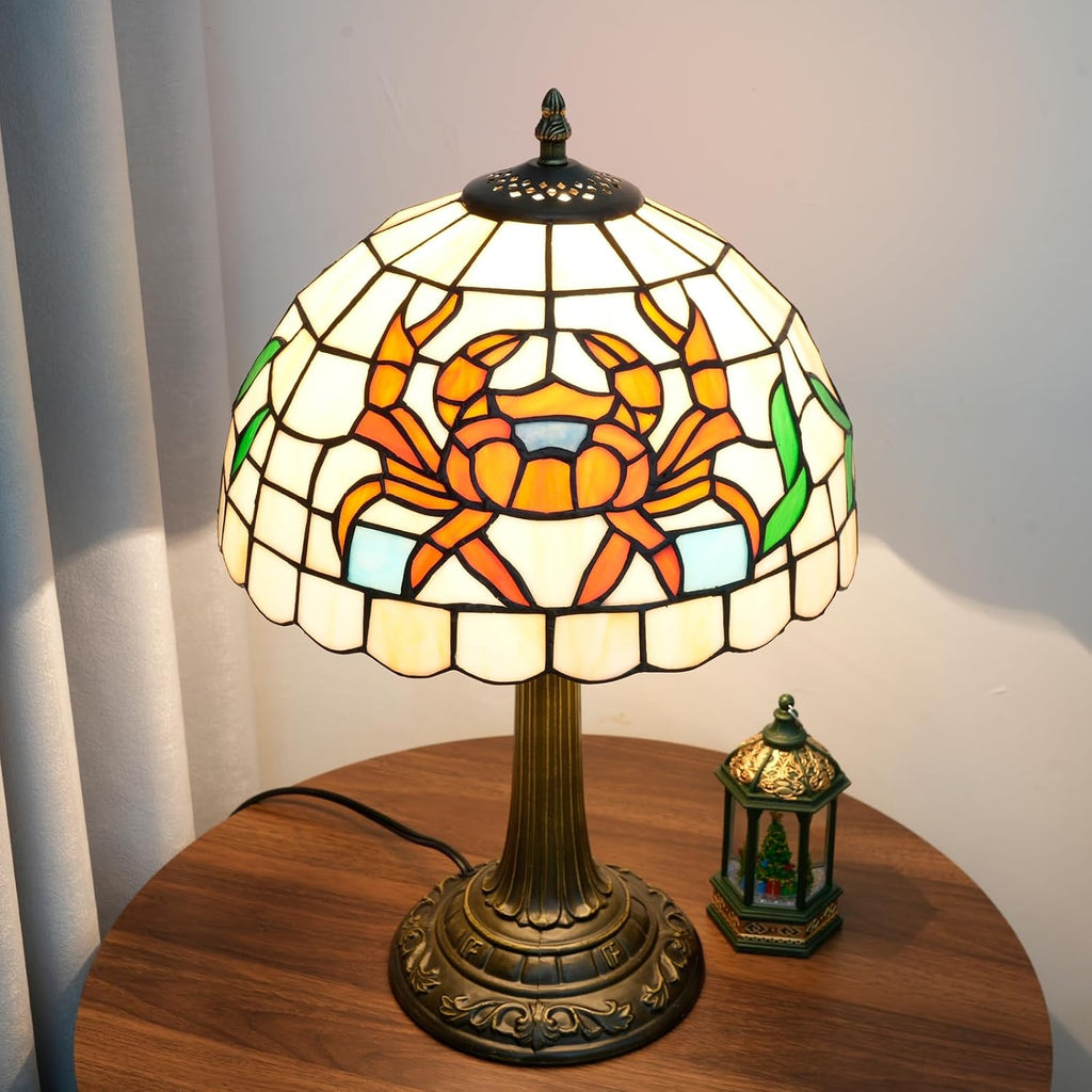 Tiffany Style Table Lamp with Orange Crab Stained Glass Lamp 12 Inch Retro Bronze Base Bedside Lamp Bedroom，Living Room, Bar,Cafe,Restaurant Hotel Art Nouveau Style Decorative Ambient Light
