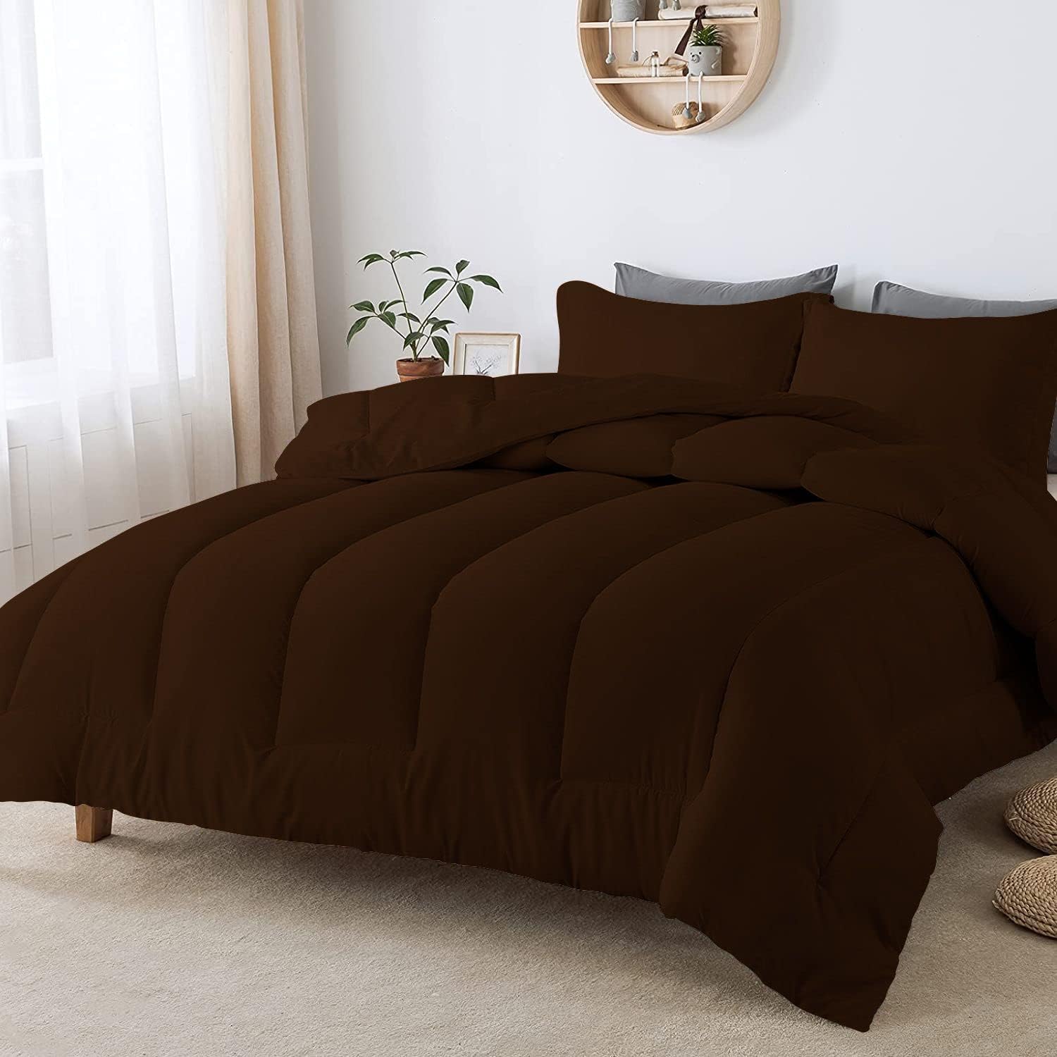 5 PC Straight Line Pattern Comforter Set Premium Super Soft 600 GSM All Season | 1000 Thread Count | 100% Egyptian Cotton ( Full/Queen Size, Chocolate Color)