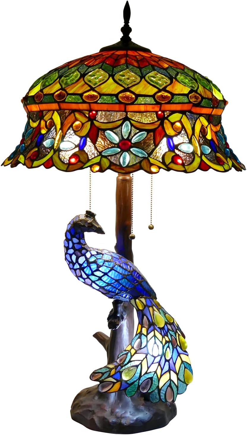Tiffany Style Table Lamp Peacock Flower Style Handmade Stained Glass Lamp 18 Inch Wide 31 Inch Tall Vintage Desk Light Large Table Lamp for Bedroom Living Room Home Office Decoration