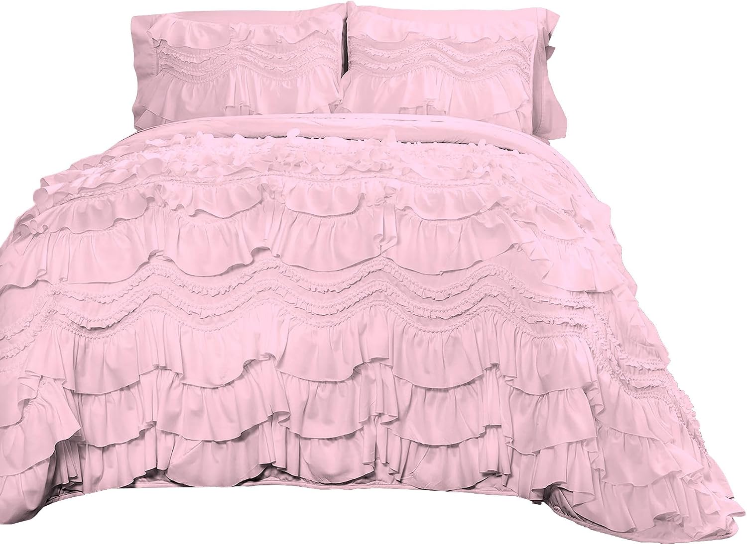 100% Egyptian Cotton, 550 GSM Microfiber Filled Quilt Ruffled Textured 3 Piece Full/Queen Size Comforter Set, Light Pink