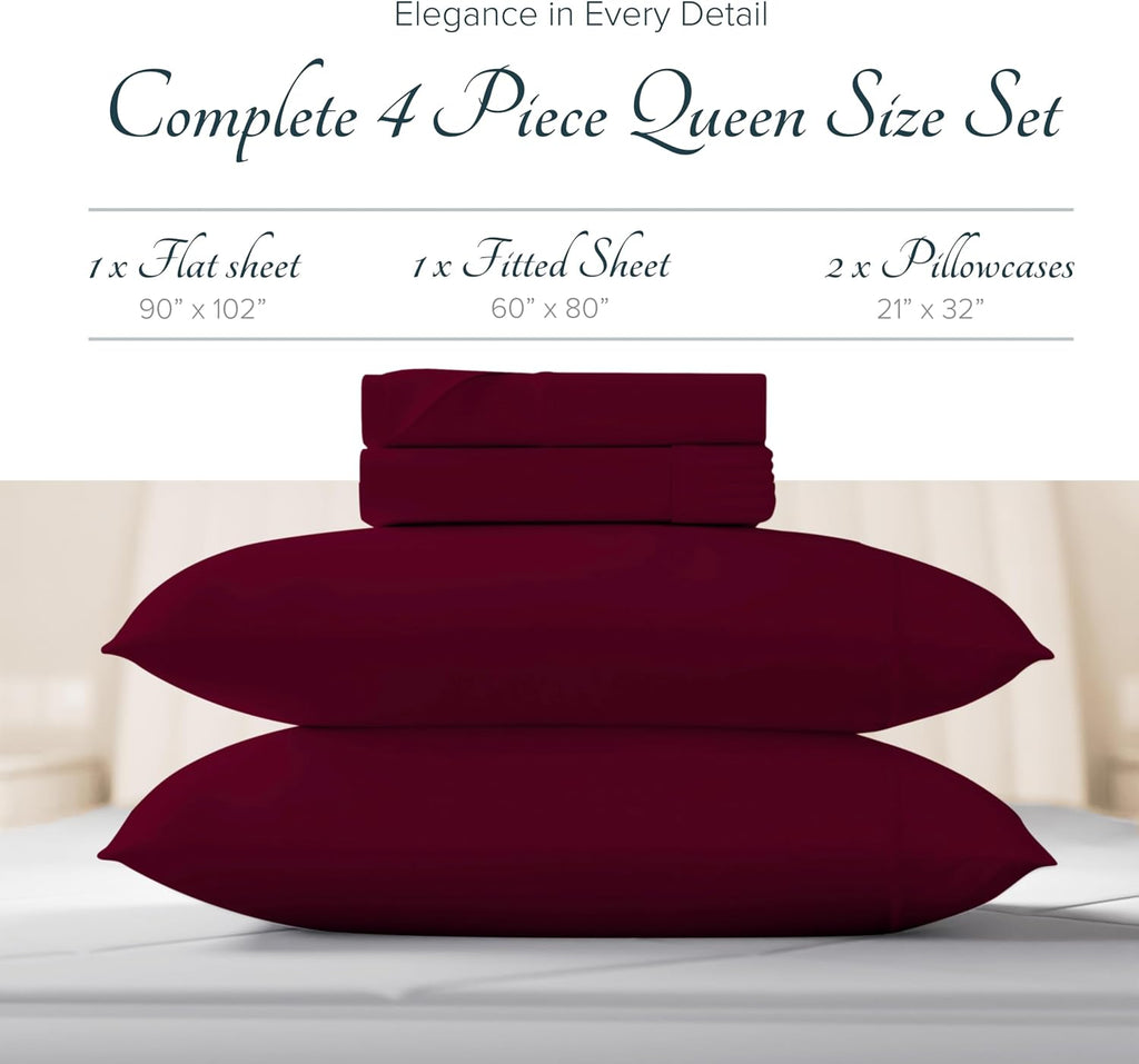 Carressa Linen 100% Egyptian Cotton Sheets Queen Size Bed Set - Luxury 1500 Series Heliconia Collection Egyptian Cotton Queen Sheet Set (4 PC, Burgundy), 17' Deep Pocket, Sateen Hotel Quality Bedding