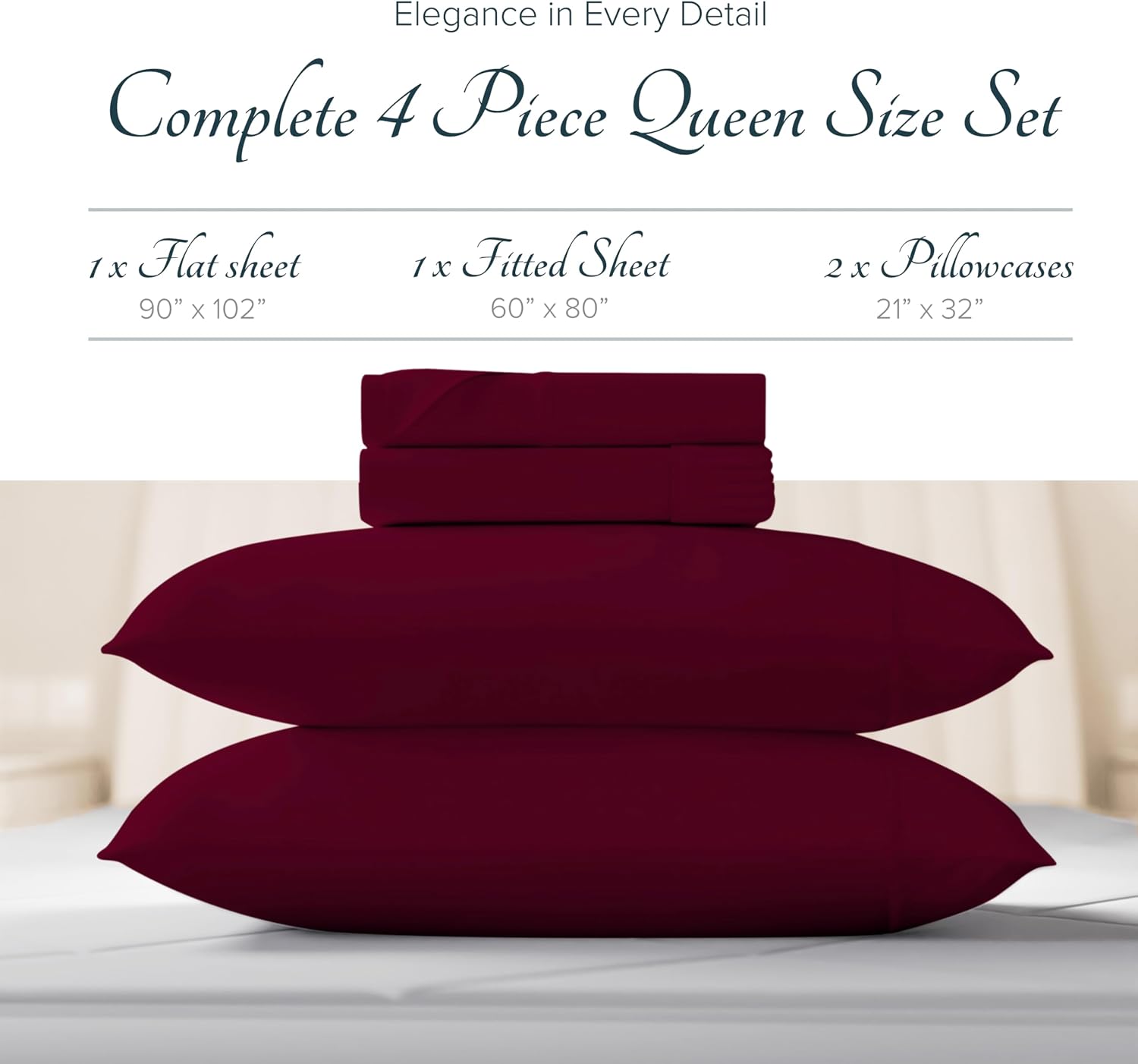 Carressa Linen 100% Egyptian Cotton Sheets Queen Size Bed Set - Luxury 1500 Series Heliconia Collection Egyptian Cotton Queen Sheet Set (4 PC, Burgundy), 17' Deep Pocket, Sateen Hotel Quality Bedding