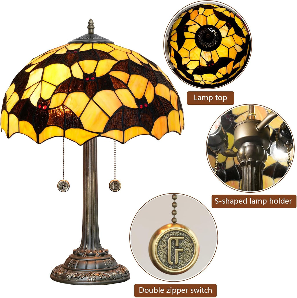 Tiffany Table Lamp Black Bat Design Stained Glass Lamp 16 inch Handmade Large Desk Light Antique Beside Reading Lamp for Home Living Room Bedroom Office