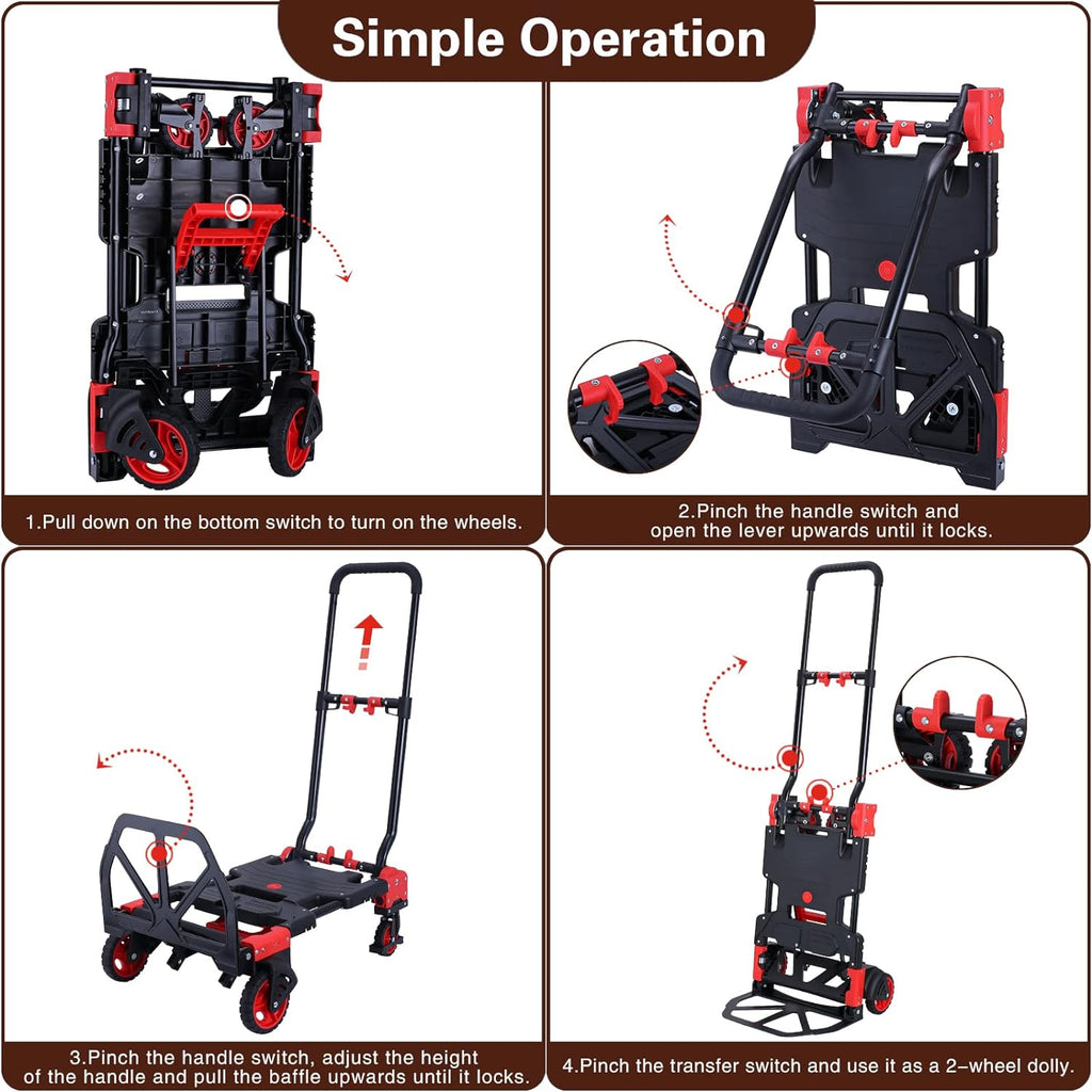 2-in-1 Folding Hand Truck Dolly 330LB Load Carrying,Hand Truck Foldable Dolly with Retractable Handle and 4 Rubber Wheels,Portable Folding Hand Cart for Luggage/Travel/Office