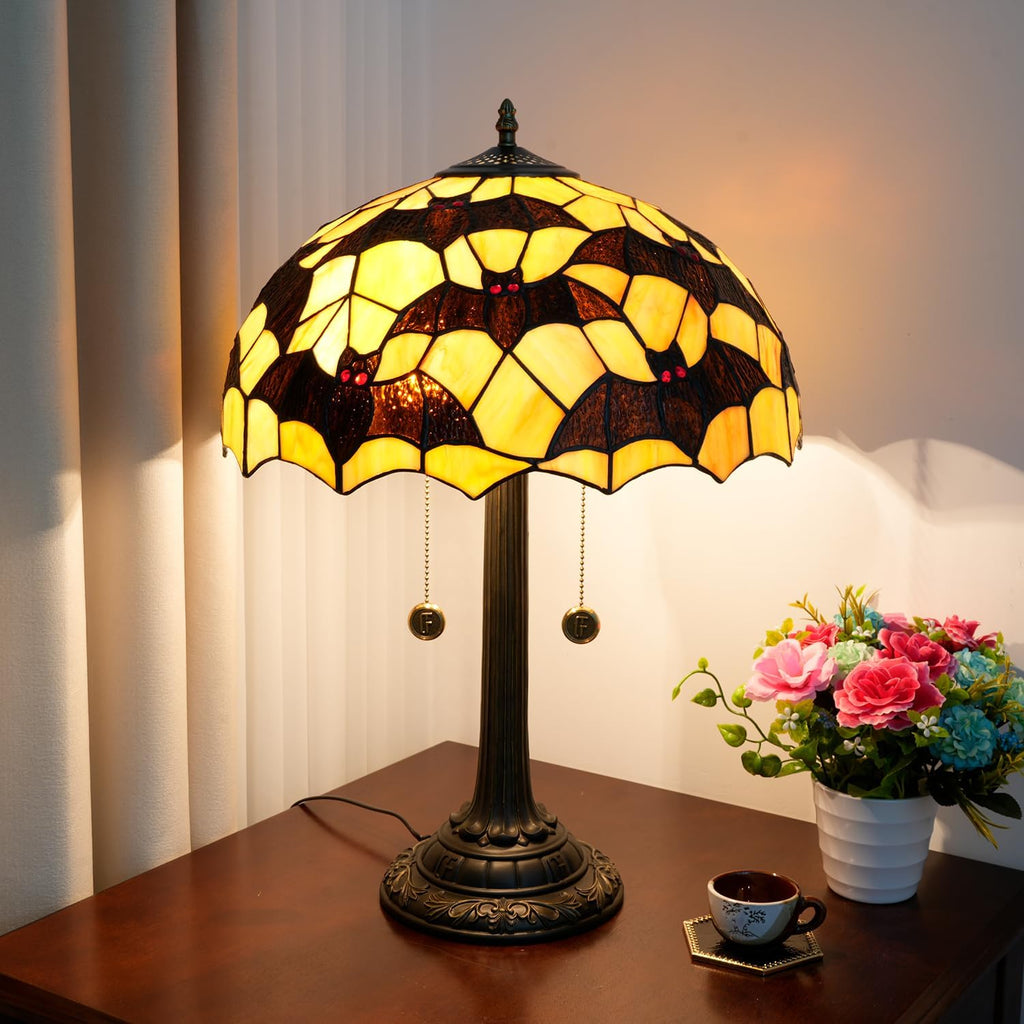 Tiffany Table Lamp Black Bat Design Stained Glass Lamp 16 inch Handmade Large Desk Light Antique Beside Reading Lamp for Home Living Room Bedroom Office