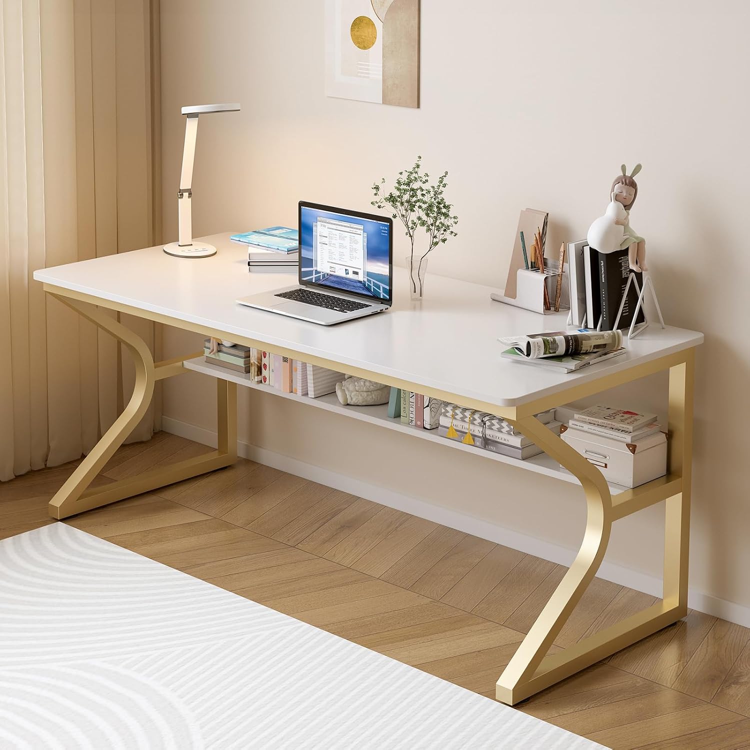 OSCHF Double Long Desk with Bookshelf - 55' Extra Long Writing Table for 2-Person Workstation, Modern Study Work Computer Desk for Home and Office, Gold