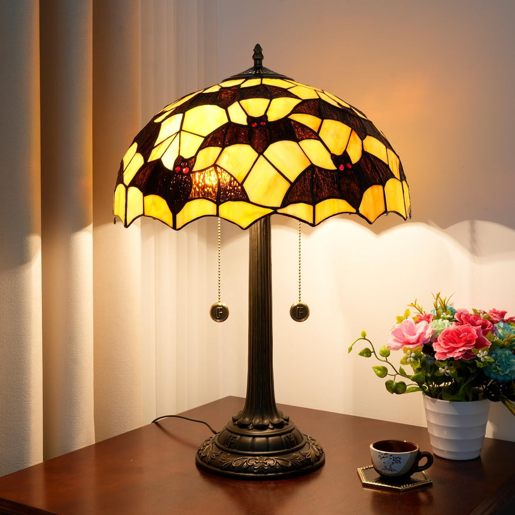 Tiffany Table Lamp Black Bat Design Stained Glass Lamp 16 inch Handmade Large Desk Light Antique Beside Reading Lamp for Home Living Room Bedroom Office