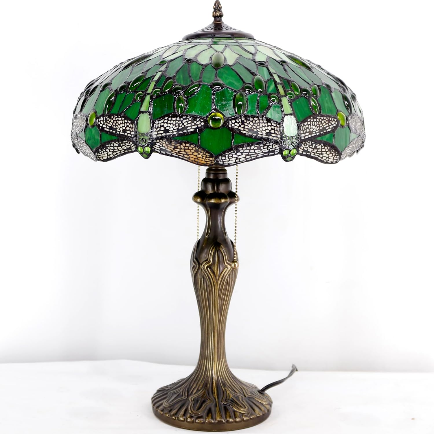 WERFACTORY Tiffany Style Table Lamp Green Stained Glass Dragonfly Bedside Lamp 16X16X24 Inch Desk Reading Light Metal Base Decor Bedroom Living Room Home Office S459 Series