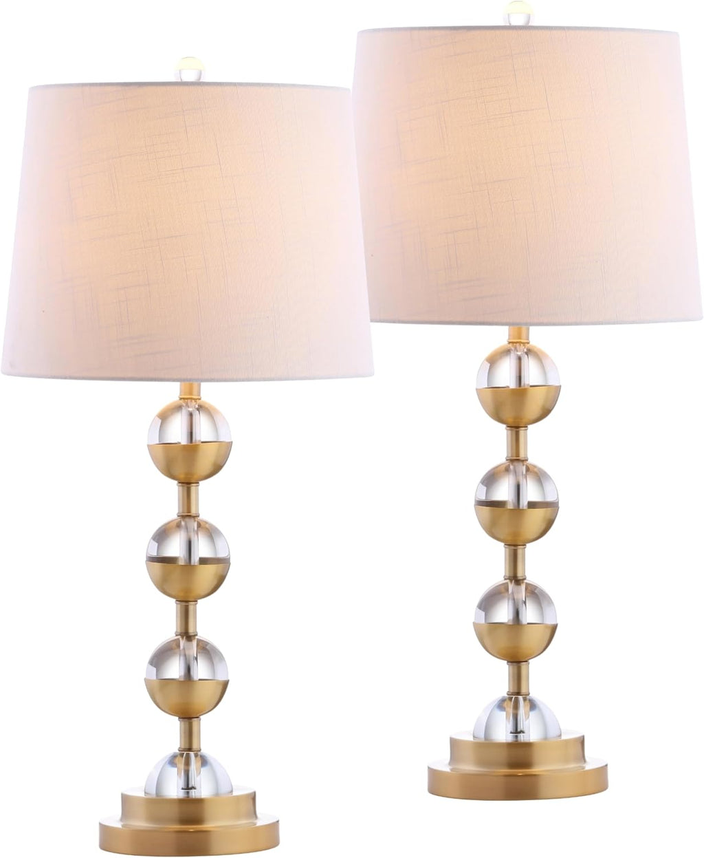 JONATHAN Y 27.5' Clear/Brass Gold Crystal LED Table Lamp Set of 2 for Bedroom, Modern Stacked Sphere Lamps for Living Room, White Linen Drum Shade, LED Bulbs Included JYL2049A-SET2