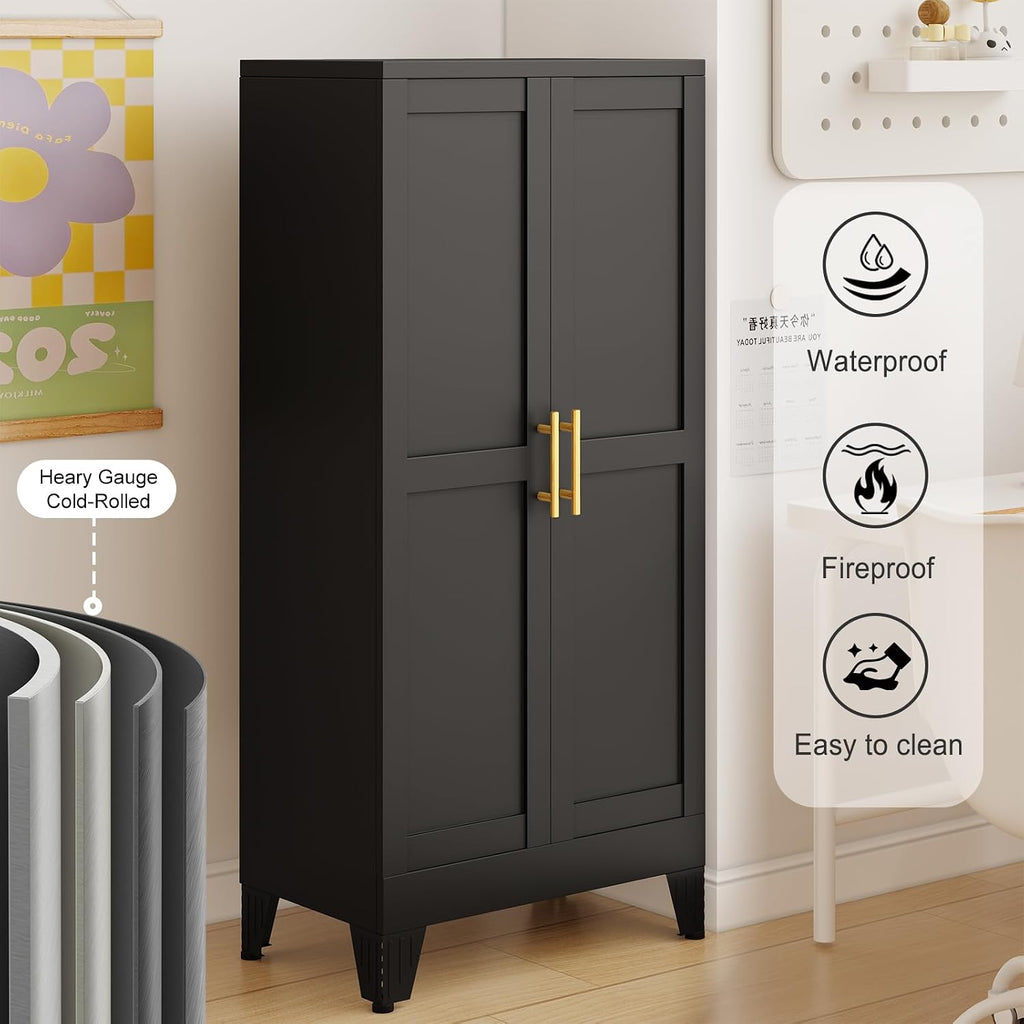 erosoei 51' H Metal Kitchen Pantry Storage Cabinet,Storage Cabinets with Doors and Adjustable Shelves,Freestanding Food Pantry Cabinet Cupboard for Living Room,Dinning Room (Black)