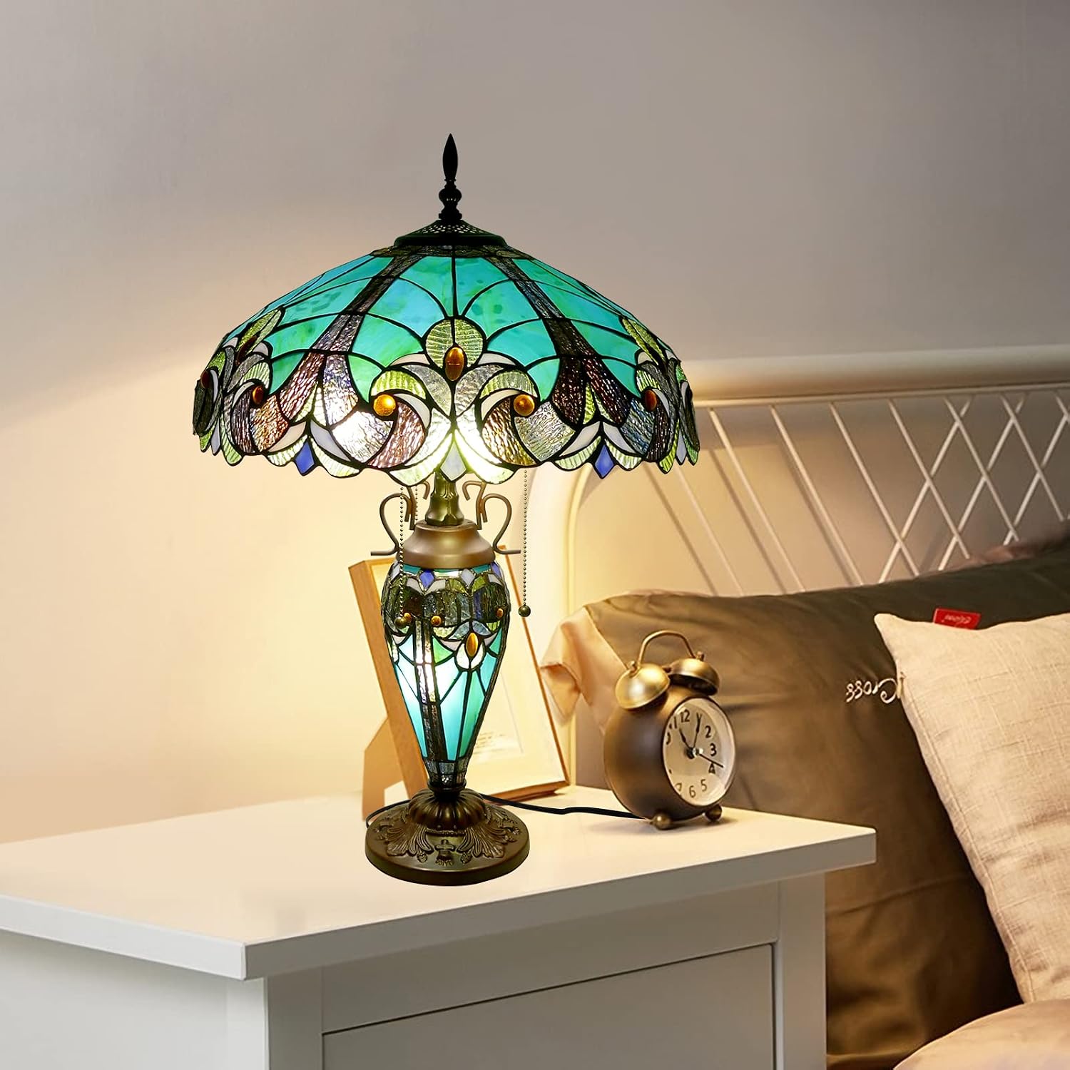 Tiffany Lamp Green Handmade Stained Glass Table Lamp Desk Light 18' Wide 24' Tall Vintage Tiffany Style Table Lamp for Bedroom Living Room Home Office, LED Bulb Included