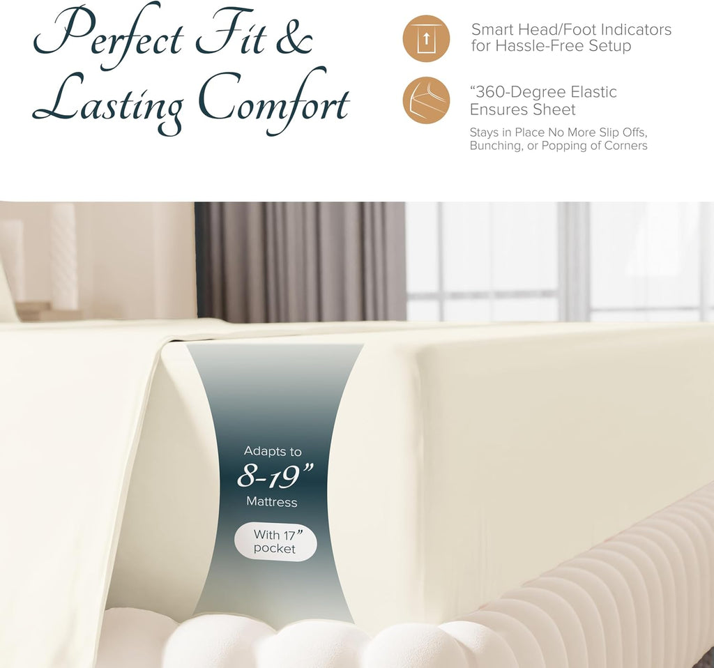 Carressa Linen 100% Egyptian Cotton Sheets Queen Size Bed Set - Luxury 1500 Series Heliconia Collection Egyptian Cotton Queen Sheet Set (4 PC, Ivory), 17' Deep Pocket, Sateen Hotel Quality Bedding