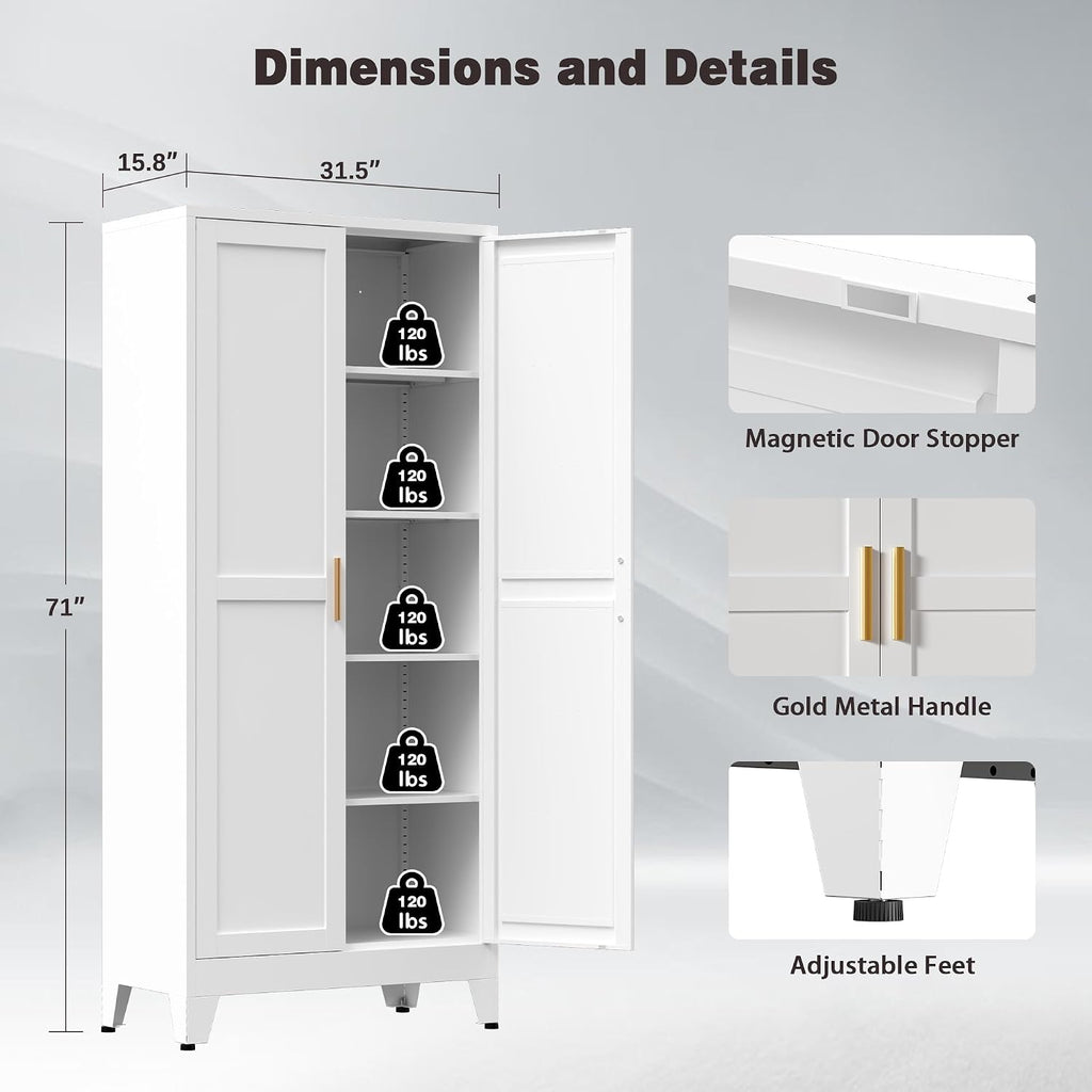 71' Tall Metal Kitchen Pantry Cabinet, Kitchen Storage Cabinets, Steel Cupboard with 2Doors and 4 Adjustable Shelves for Dining Room, Bathroom, Living Room
