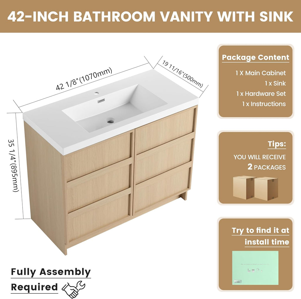 42 Inch Bathroom Vanity with Sink, 42' Freestanding Storage Cabinet Combo, 2 Soft Close Doors and Resin Basin, Modern Brown Floor Standing Vanity Set, Plywood Construction