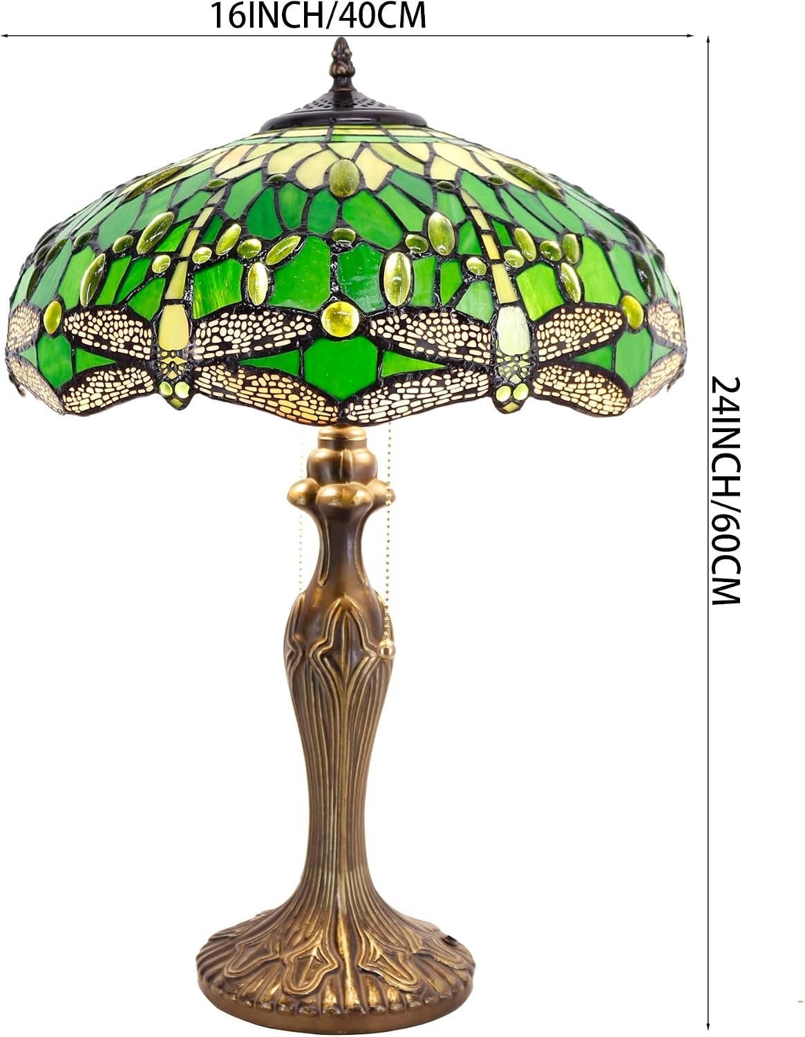 WERFACTORY Tiffany Style Table Lamp Green Stained Glass Dragonfly Bedside Lamp 16X16X24 Inch Desk Reading Light Metal Base Decor Bedroom Living Room Home Office S459 Series
