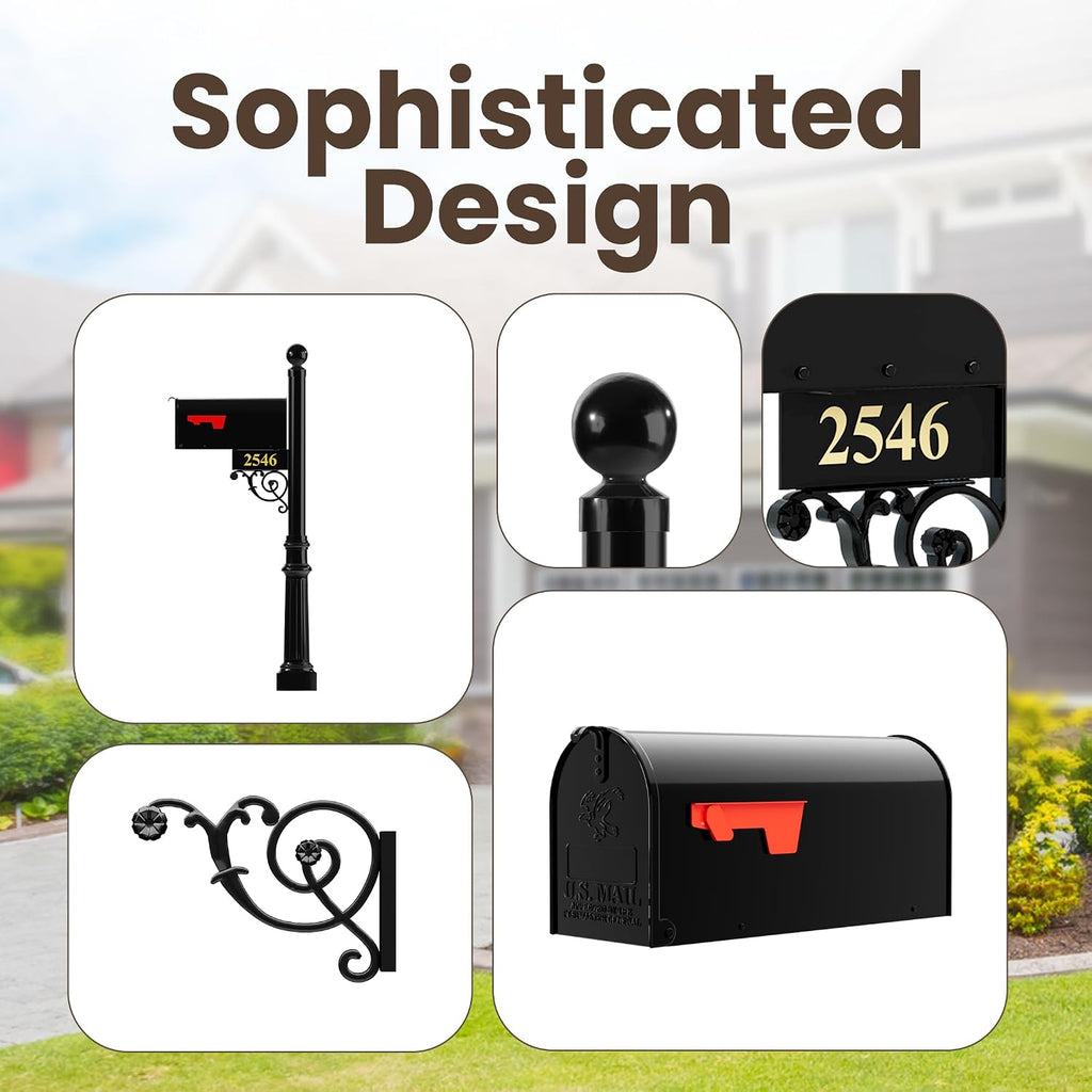 Black Mailbox with Post and Number Plate - The Regency