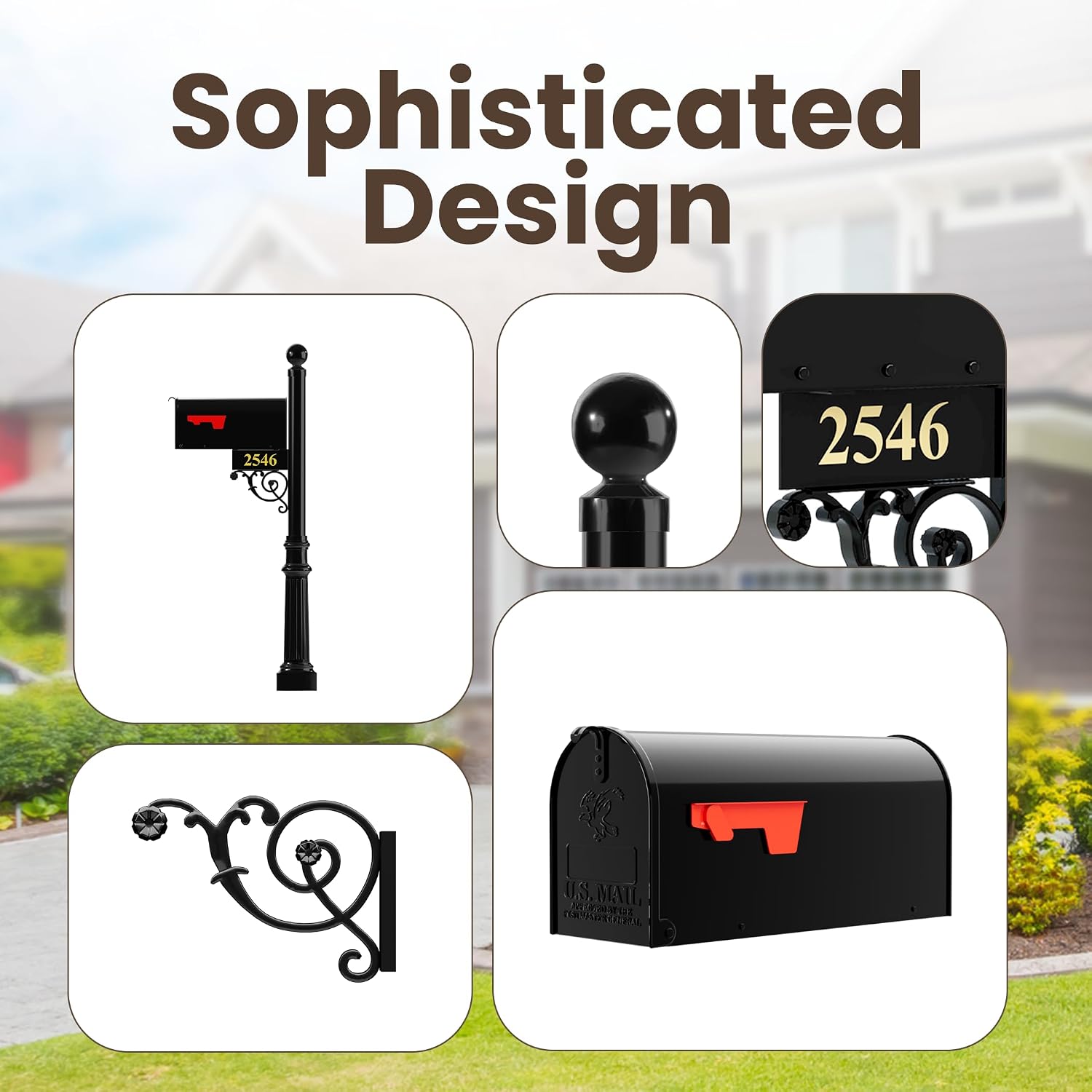 Black Mailbox with Post and Number Plate - The Regency