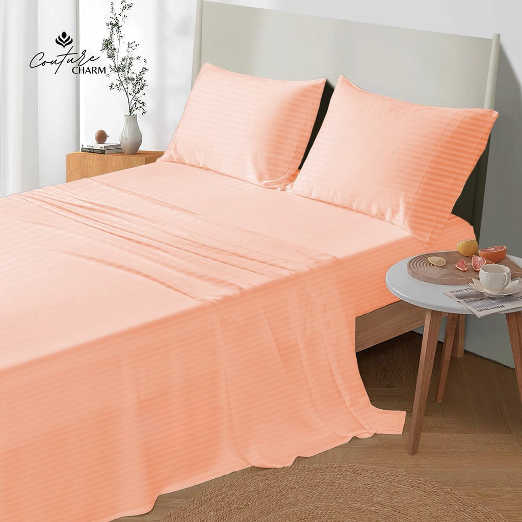 Queen Size 1000 Thread Count 100% Egyptian Cotton Sheet Set, 4-Piece, Sateen Weave, with 10-12' Deep Pocket Snug Fit (Stripe, Peach)
