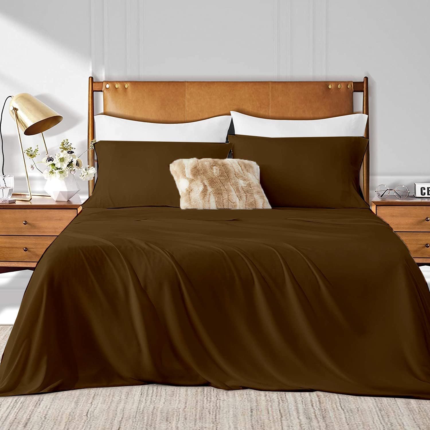 eBeddy Linens | Famaily King 120' x 80' Size Sheet Set | Brown Solid | 4 Piece Set | Hotel Luxury Bed Sheets Silky Soft 800-TC Long Staple Egyptian Cotton Sheet Set 18 Inch Deep Pocket